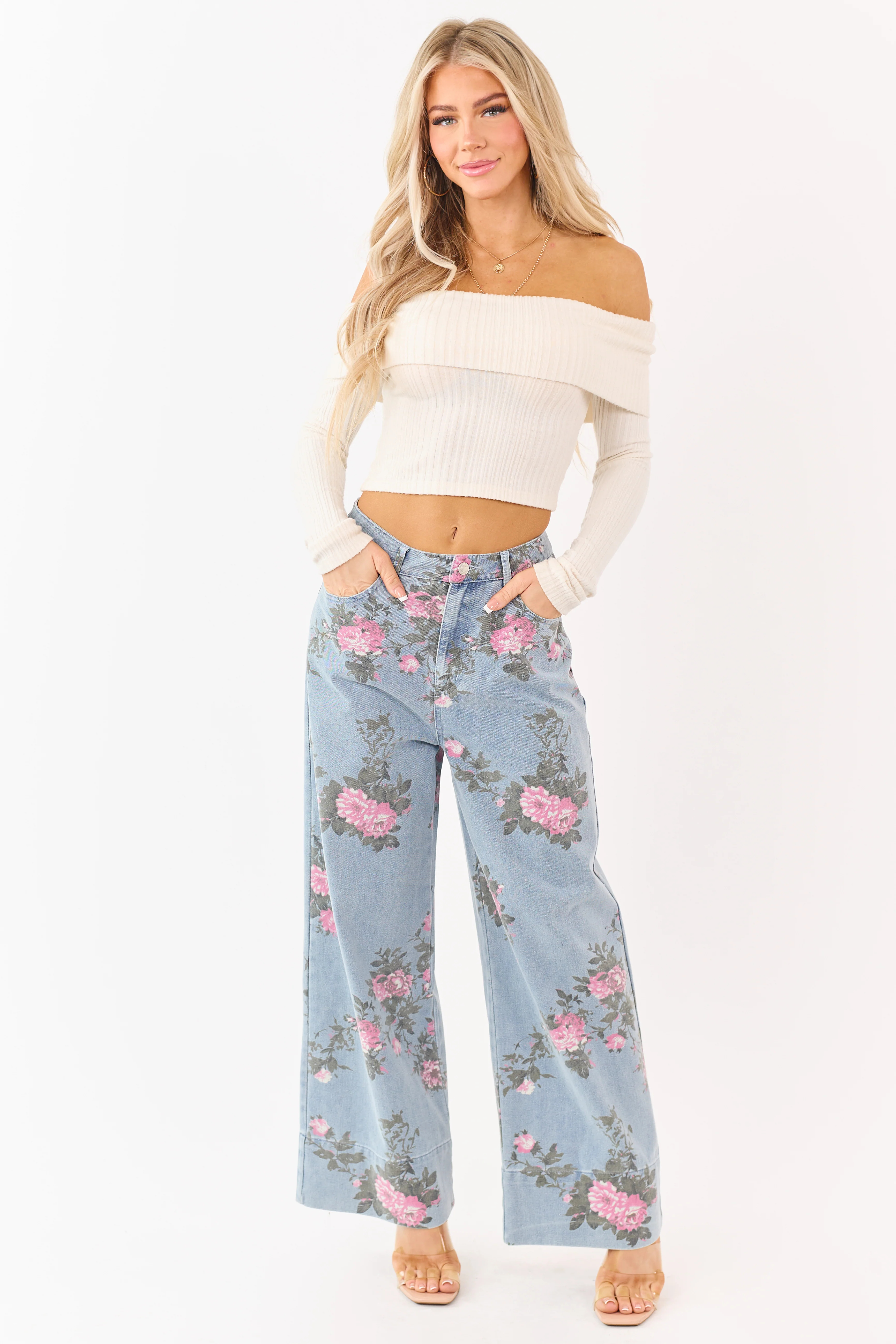 Entro Light Wash Floral Print Wide Leg Jeans - Image 8