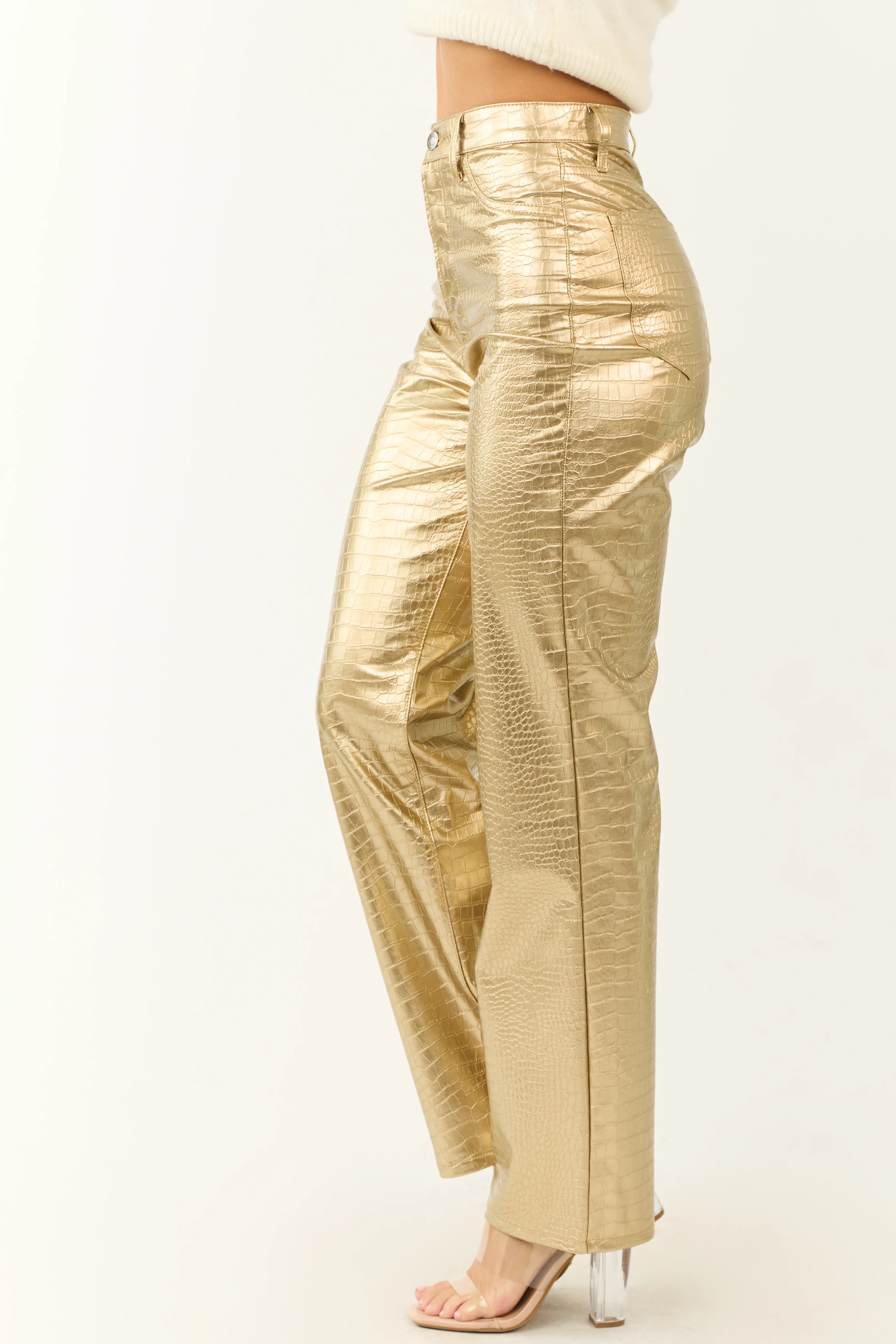 Gold Faux Leather Snakeskin Super High Rise Pants - Image 3