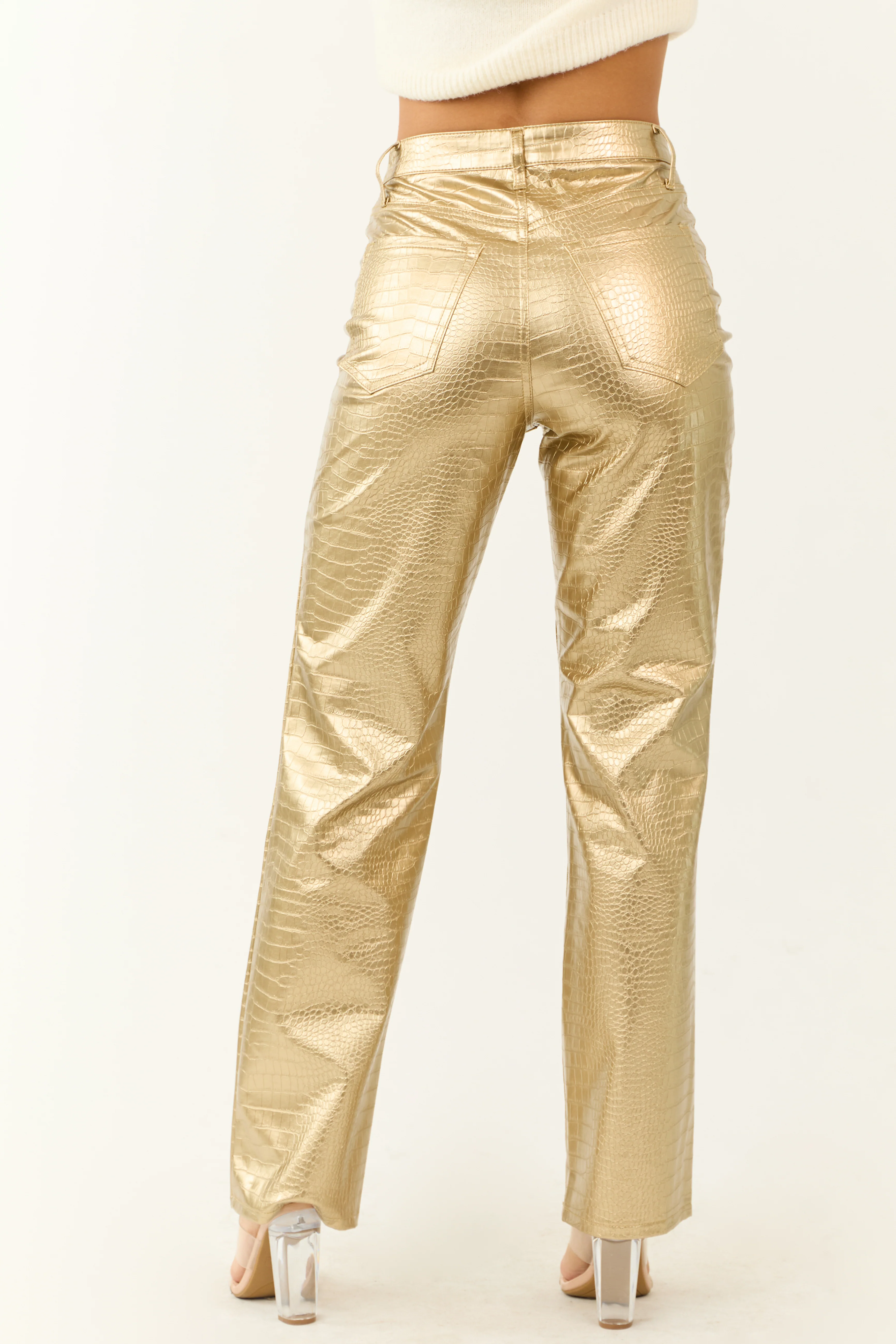Gold Faux Leather Snakeskin Super High Rise Pants - Image 4