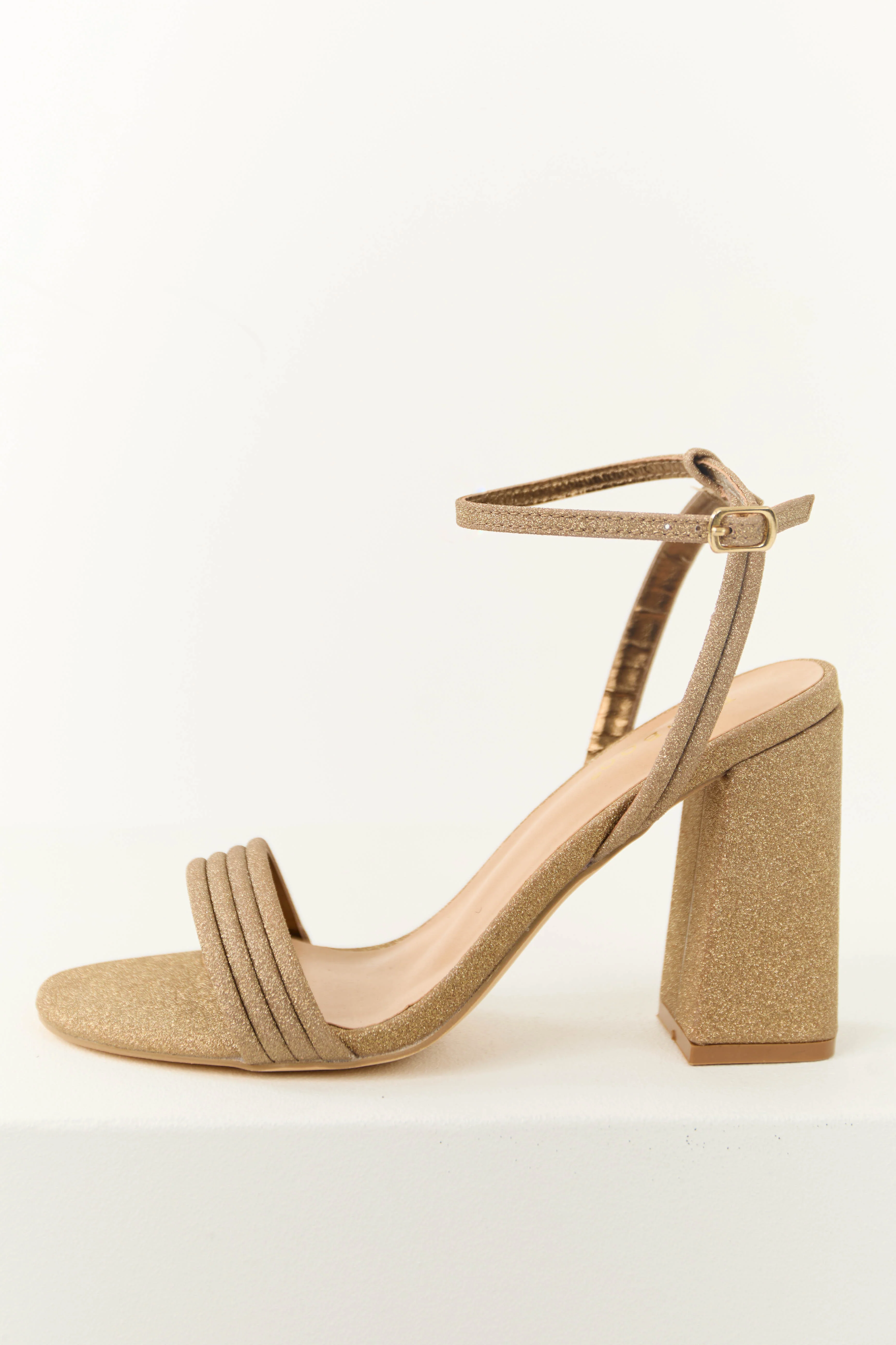 Gold Glitter Ankle Strap Block Heels - Image 3