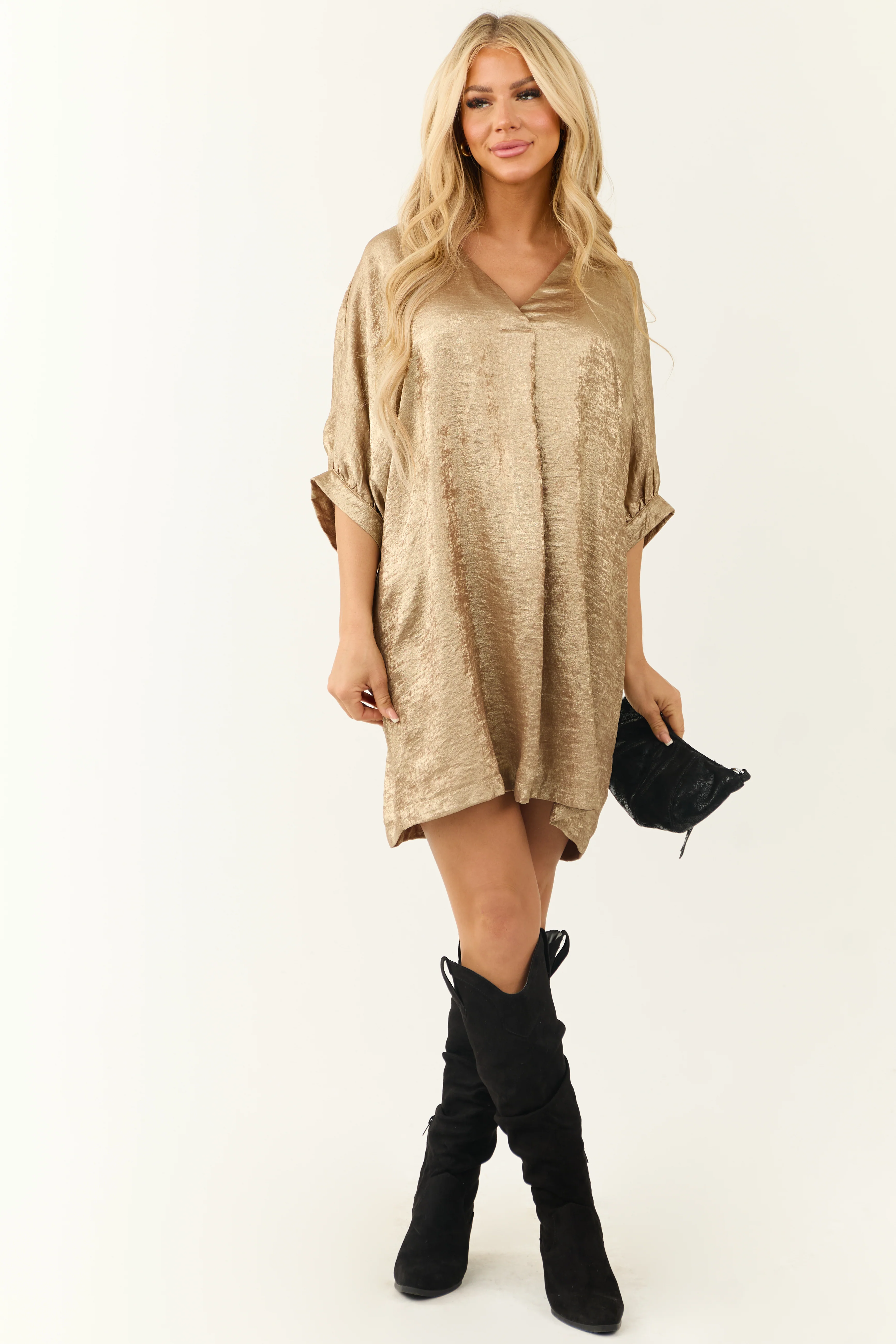 Gold Metallic V Neck Half Sleeve Mini Dress - Image 3