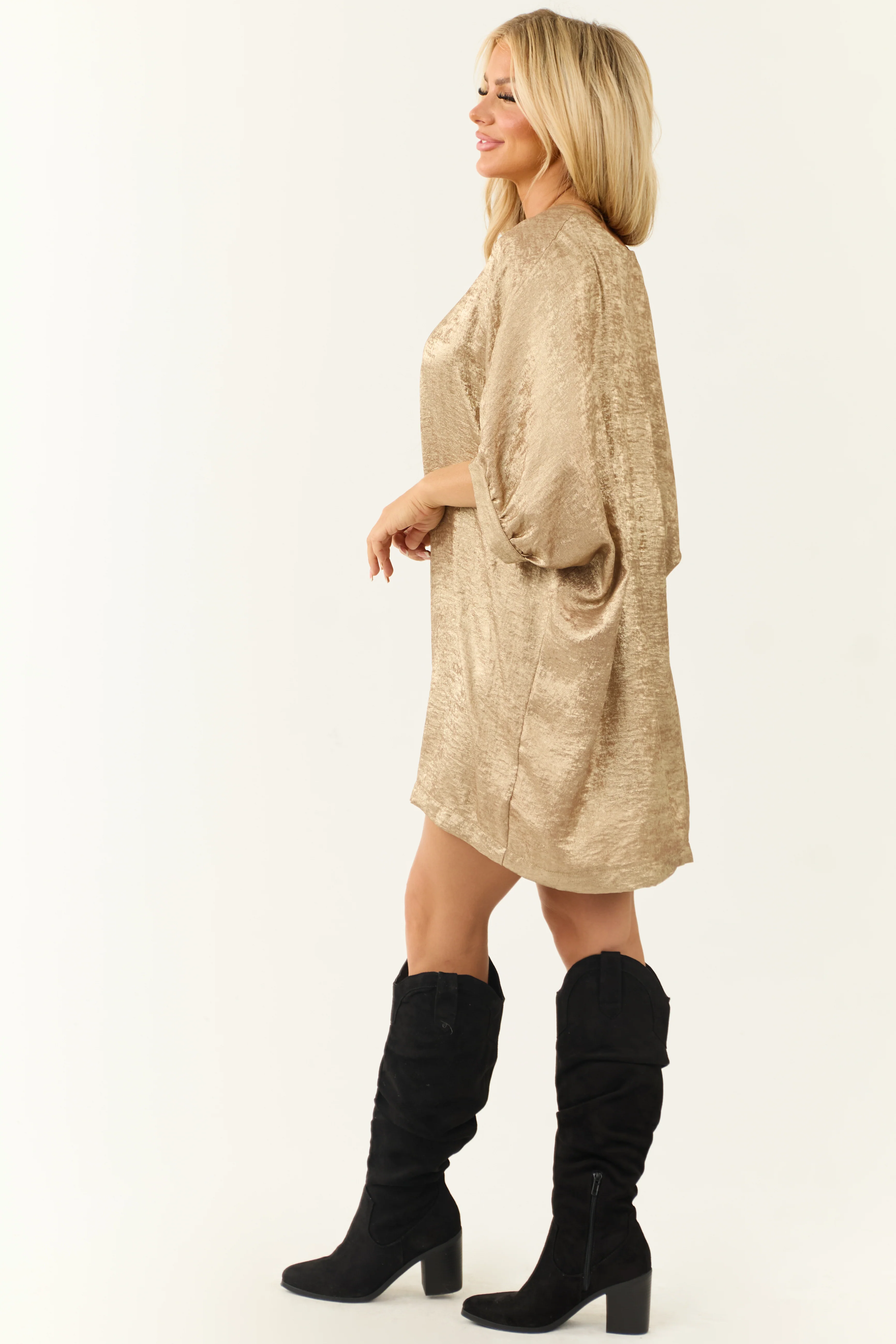 Gold Metallic V Neck Half Sleeve Mini Dress - Image 4