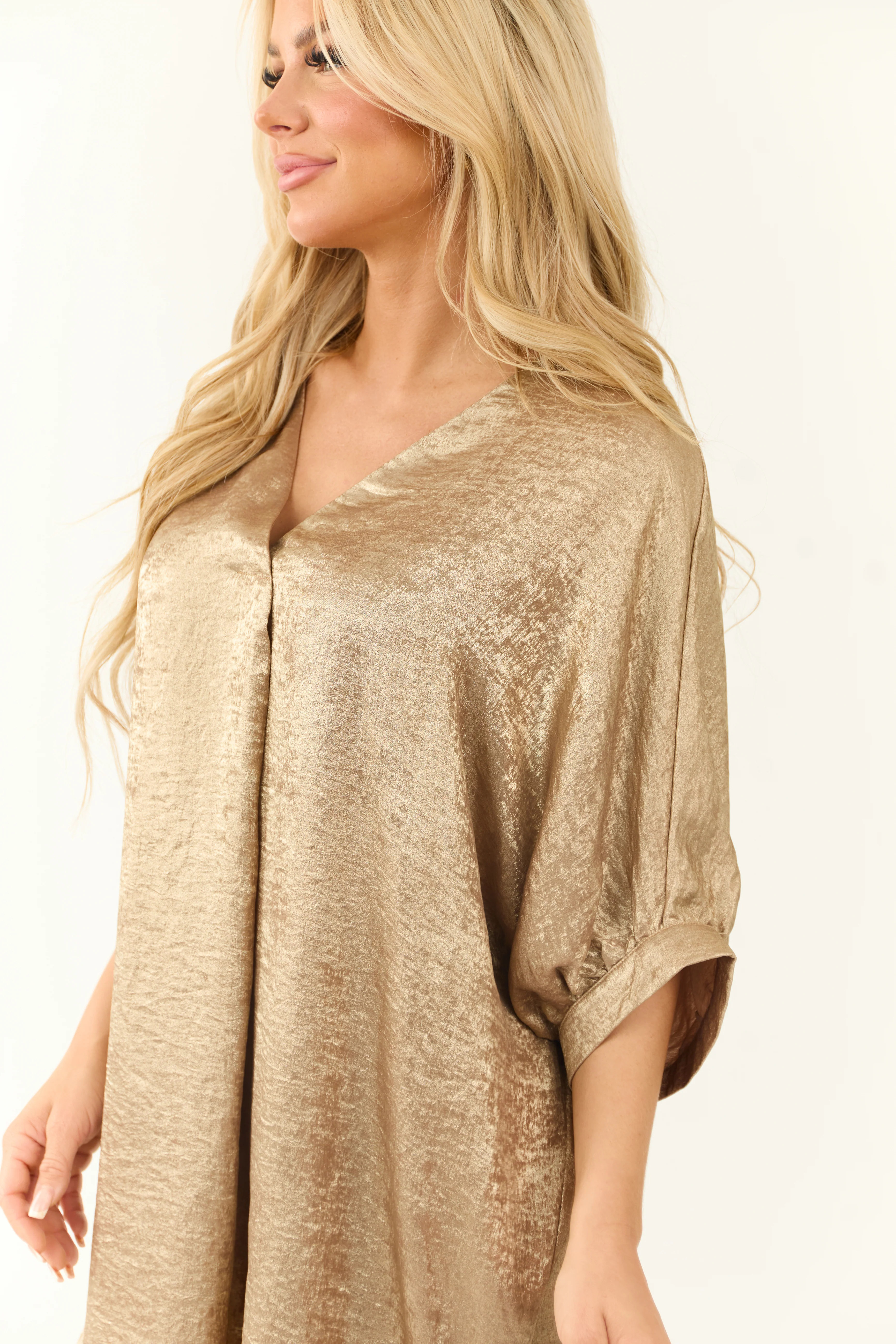 Gold Metallic V Neck Half Sleeve Mini Dress - Image 5