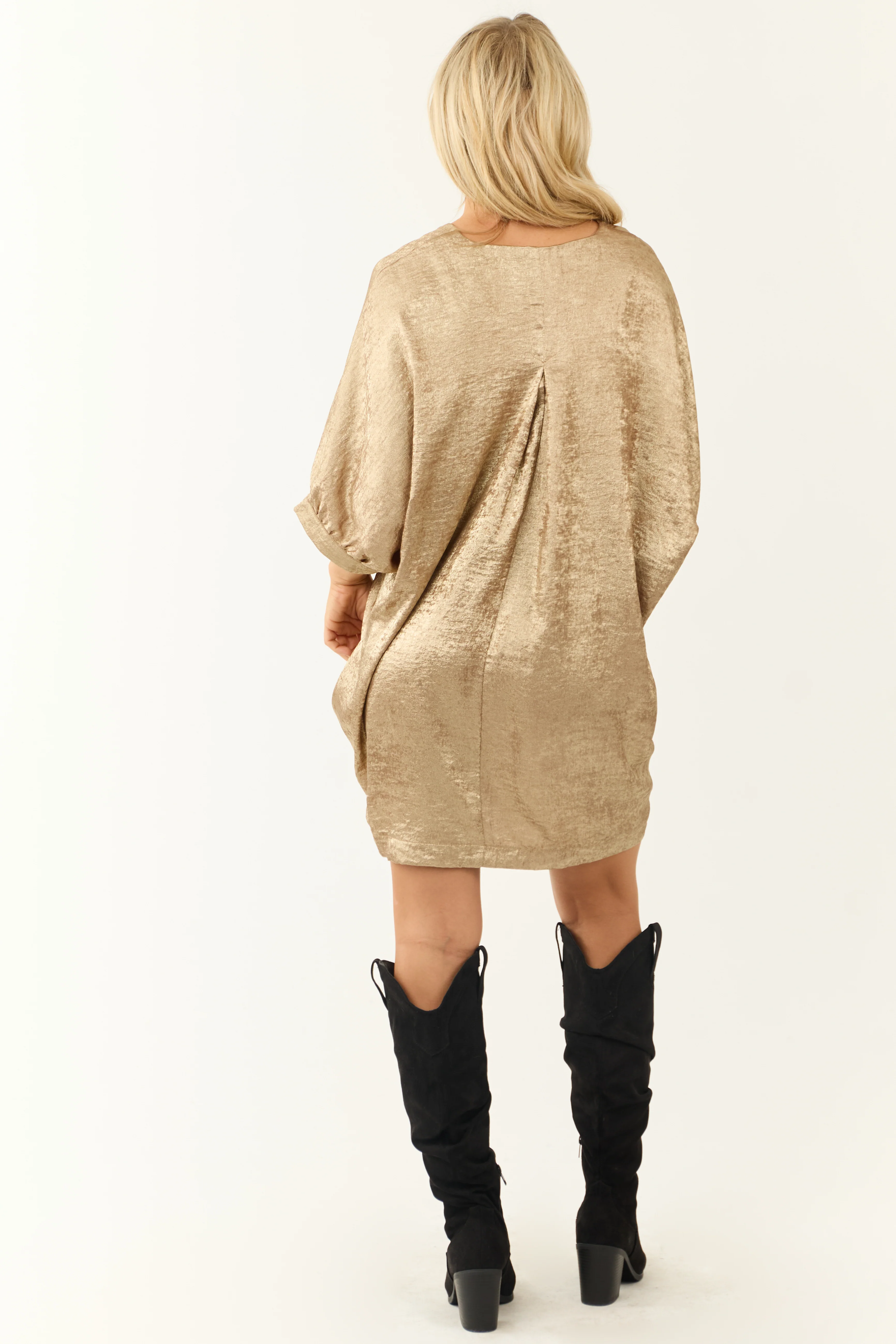 Gold Metallic V Neck Half Sleeve Mini Dress - Image 6