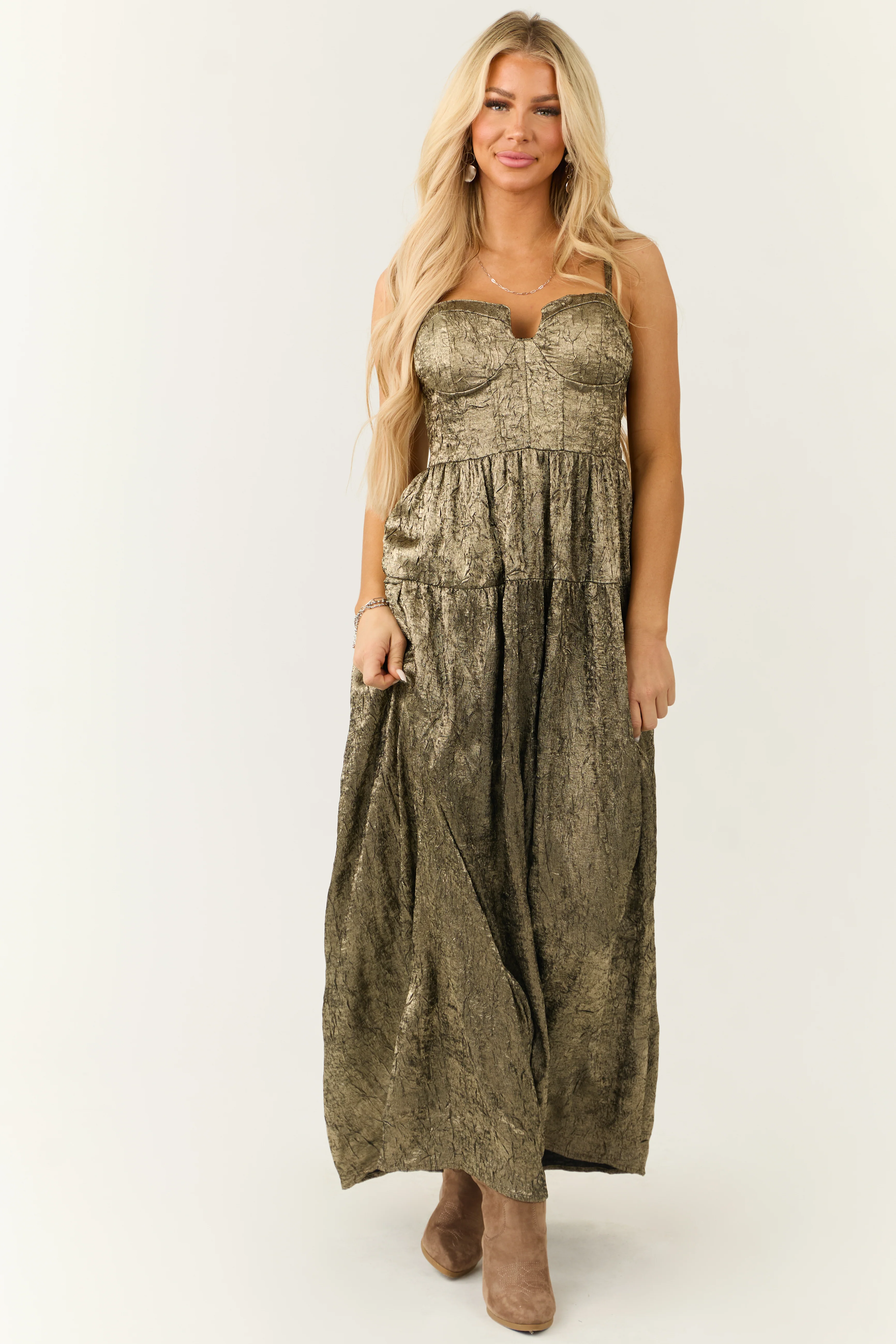 Gold Textured Metallic Corset Sleeveless Maxi Dress - Image 4