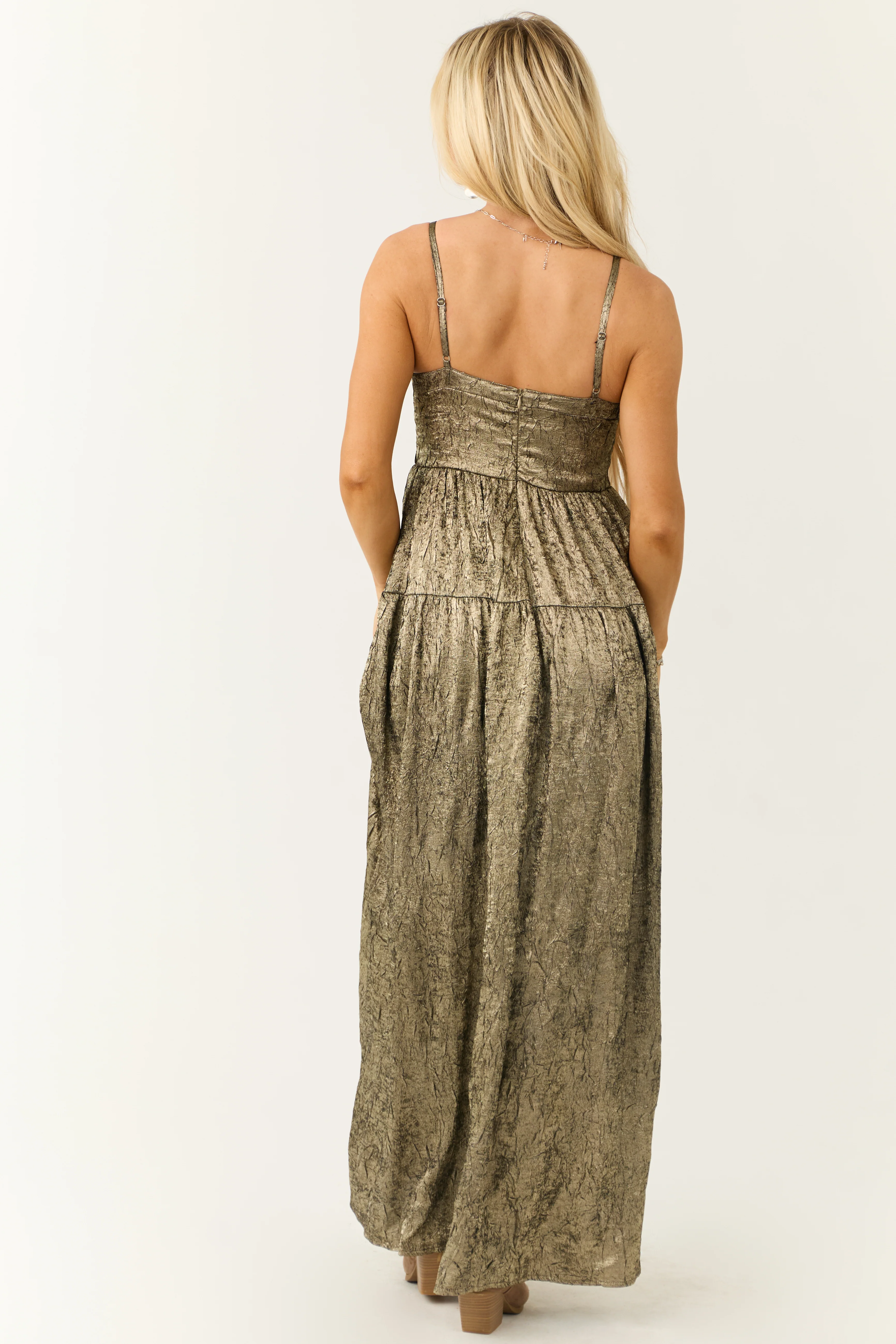 Gold Textured Metallic Corset Sleeveless Maxi Dress - Image 6