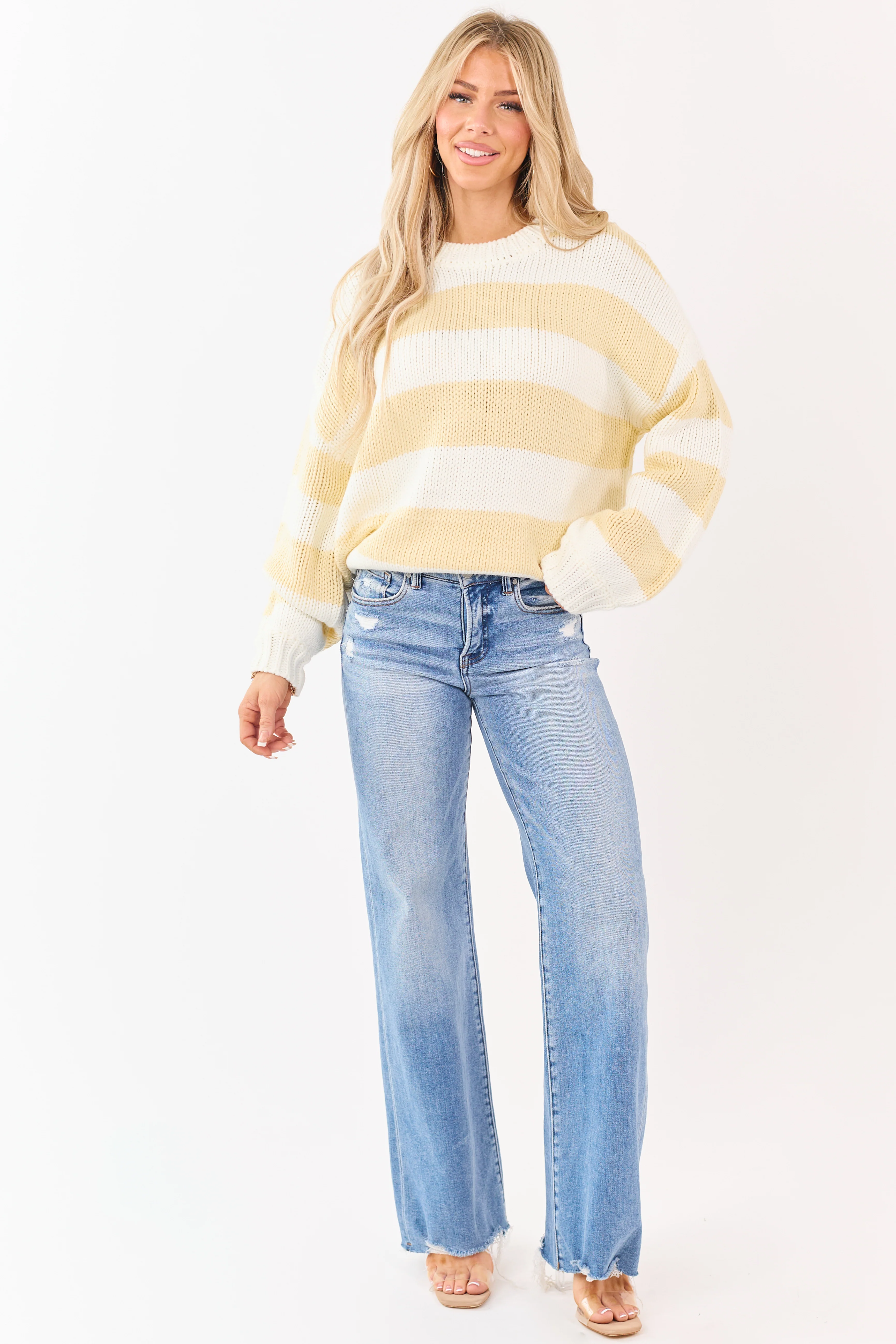 Ivory and Buttercream Striped Chunky Knit Sweater - Image 3