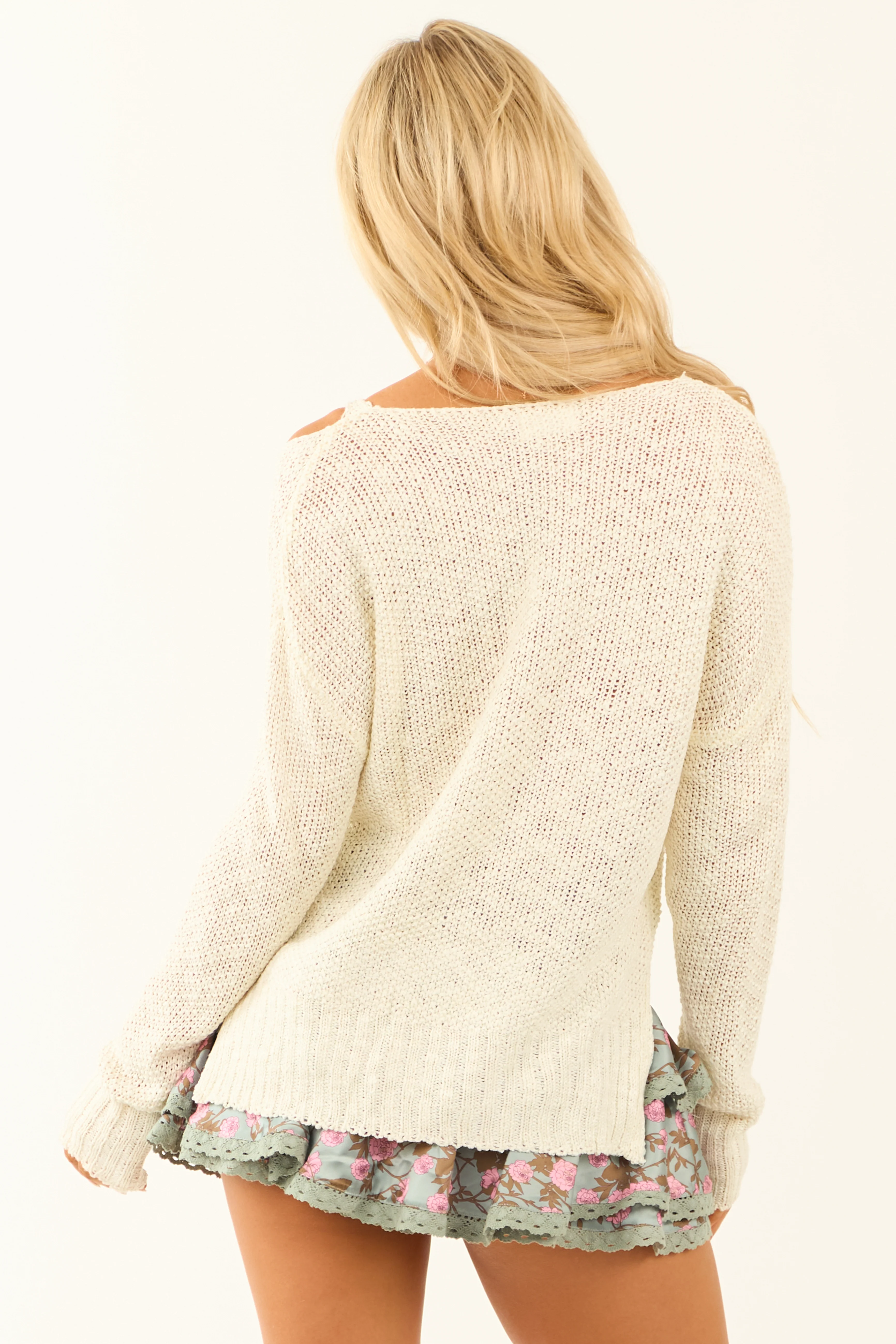 Ivory Cold Shoulder Open Knit Sweater - Image 6