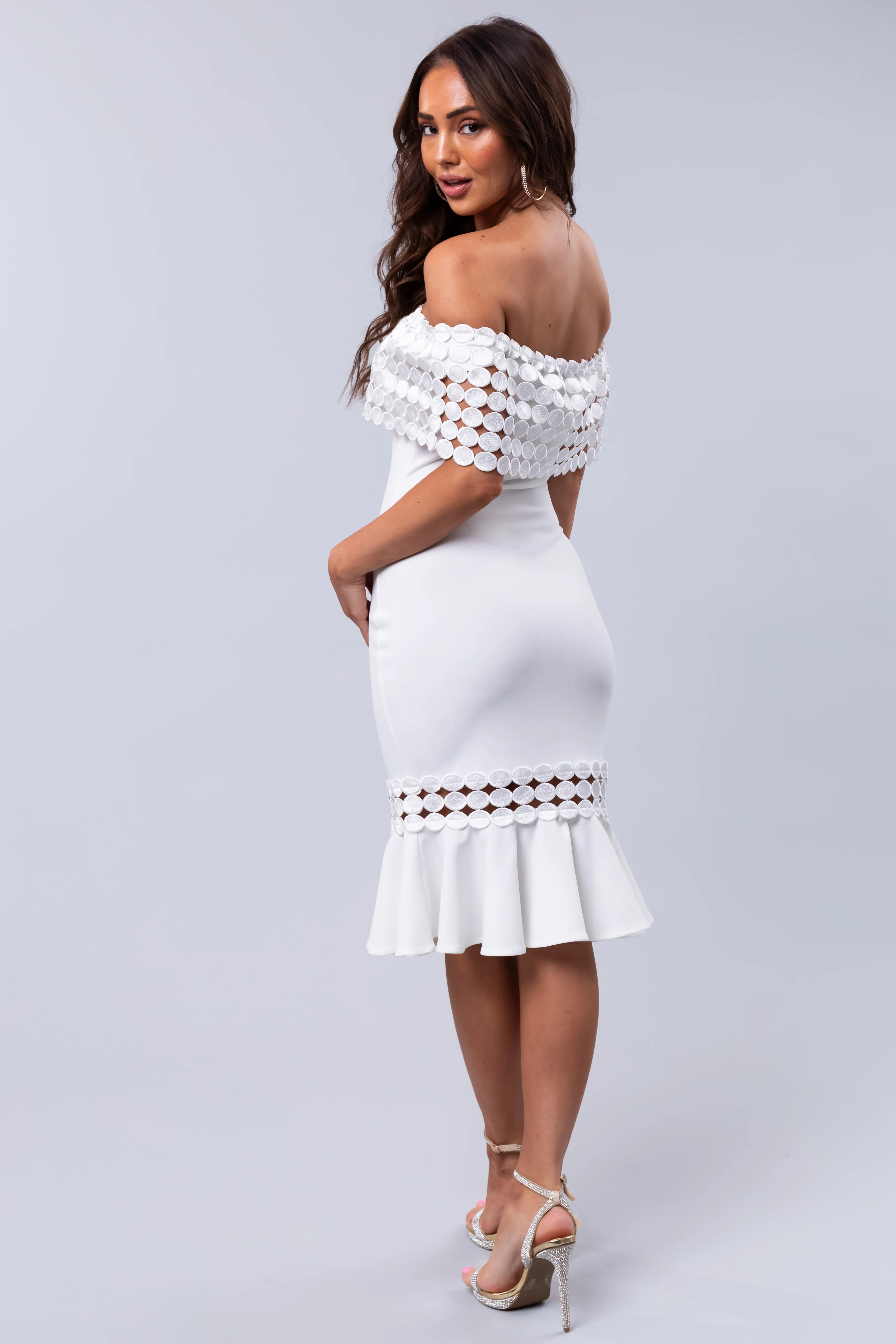 Ivory Off Shoulder Circle Crochet Midi Dress - Image 7