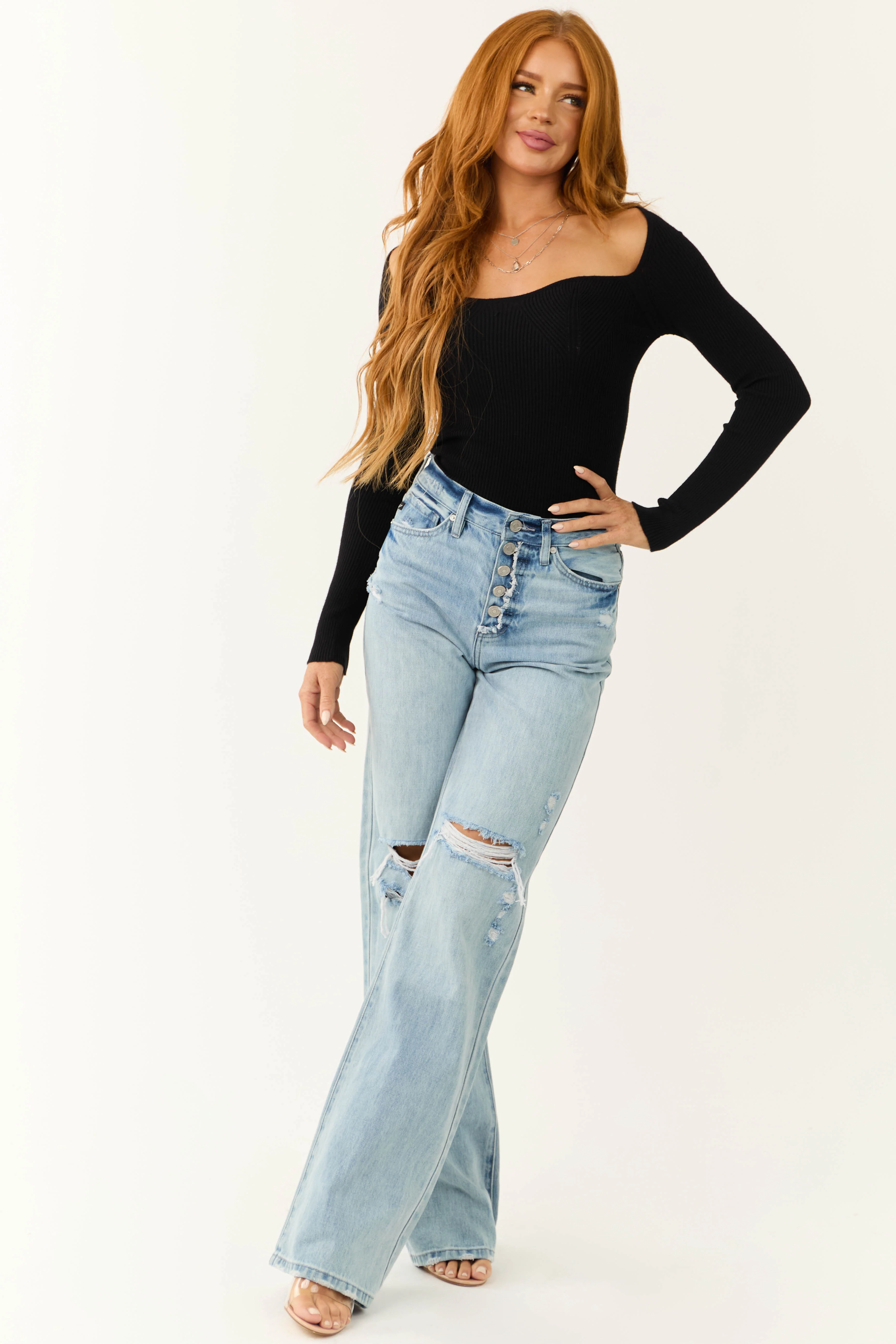 KanCan Light Wash Distressed Button Fly Wide Leg Jeans - Image 3