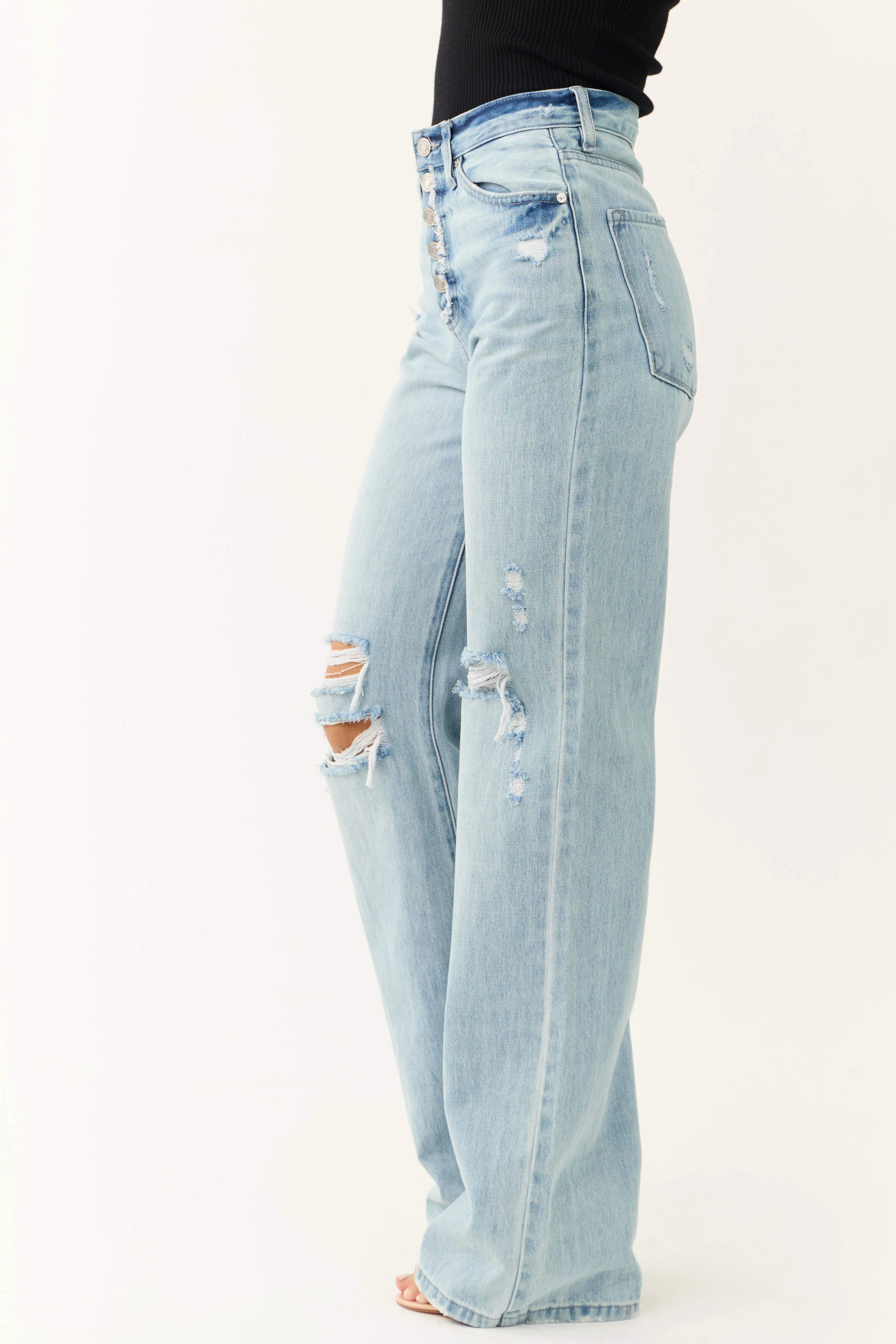 KanCan Light Wash Distressed Button Fly Wide Leg Jeans - Image 4