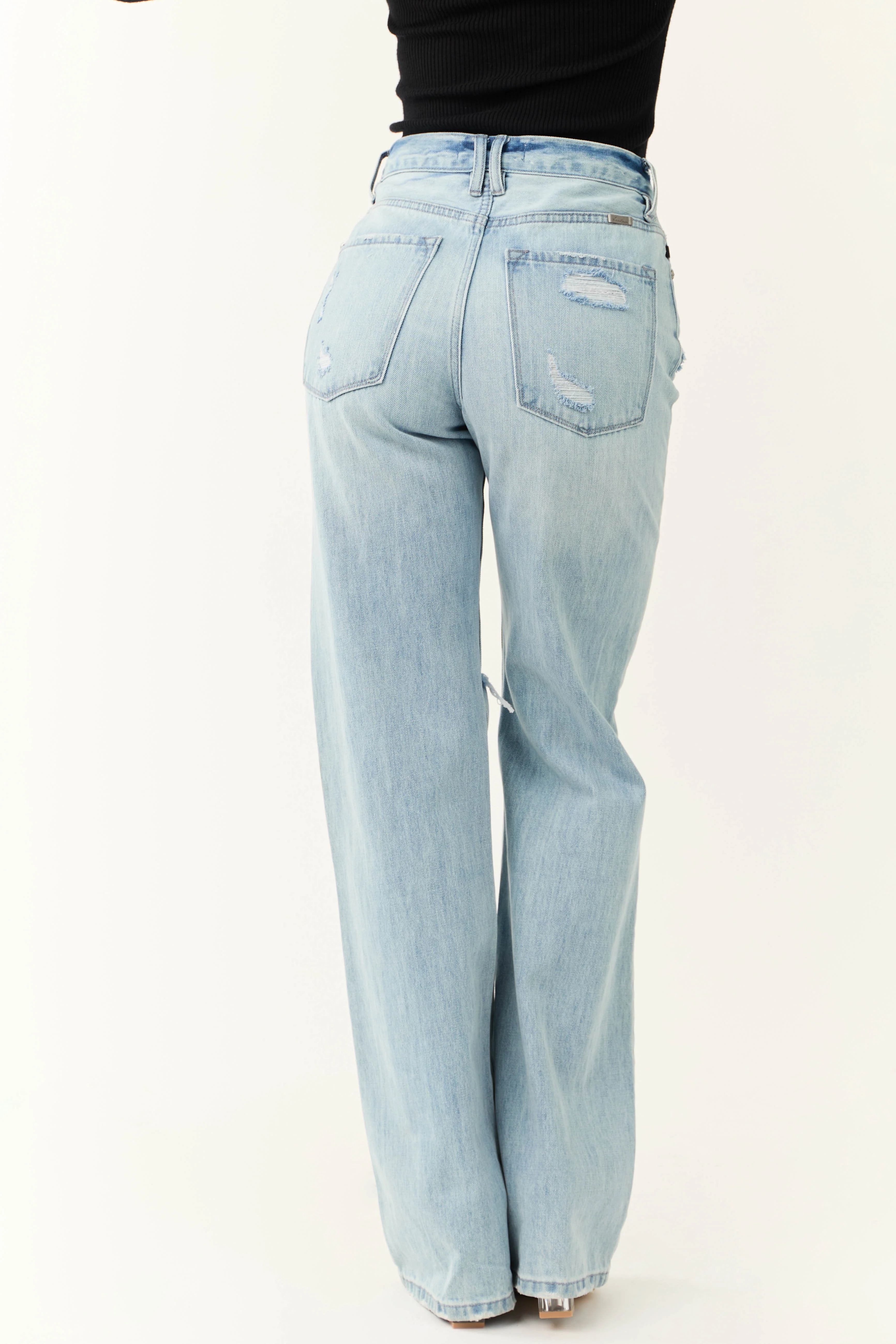 KanCan Light Wash Distressed Button Fly Wide Leg Jeans - Image 5