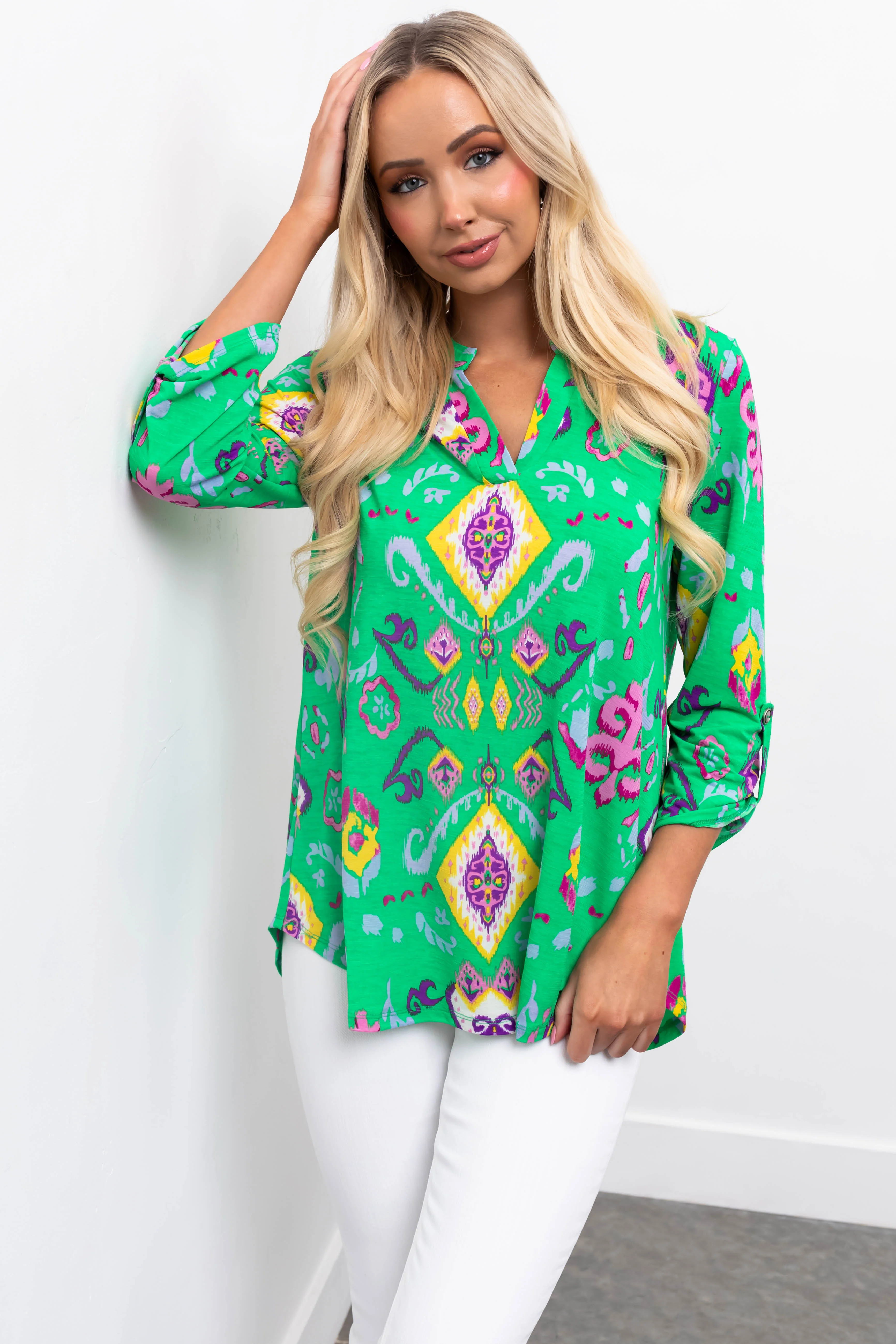 Kelly Green Printed 3/4 Sleeve Blouse - Image 3