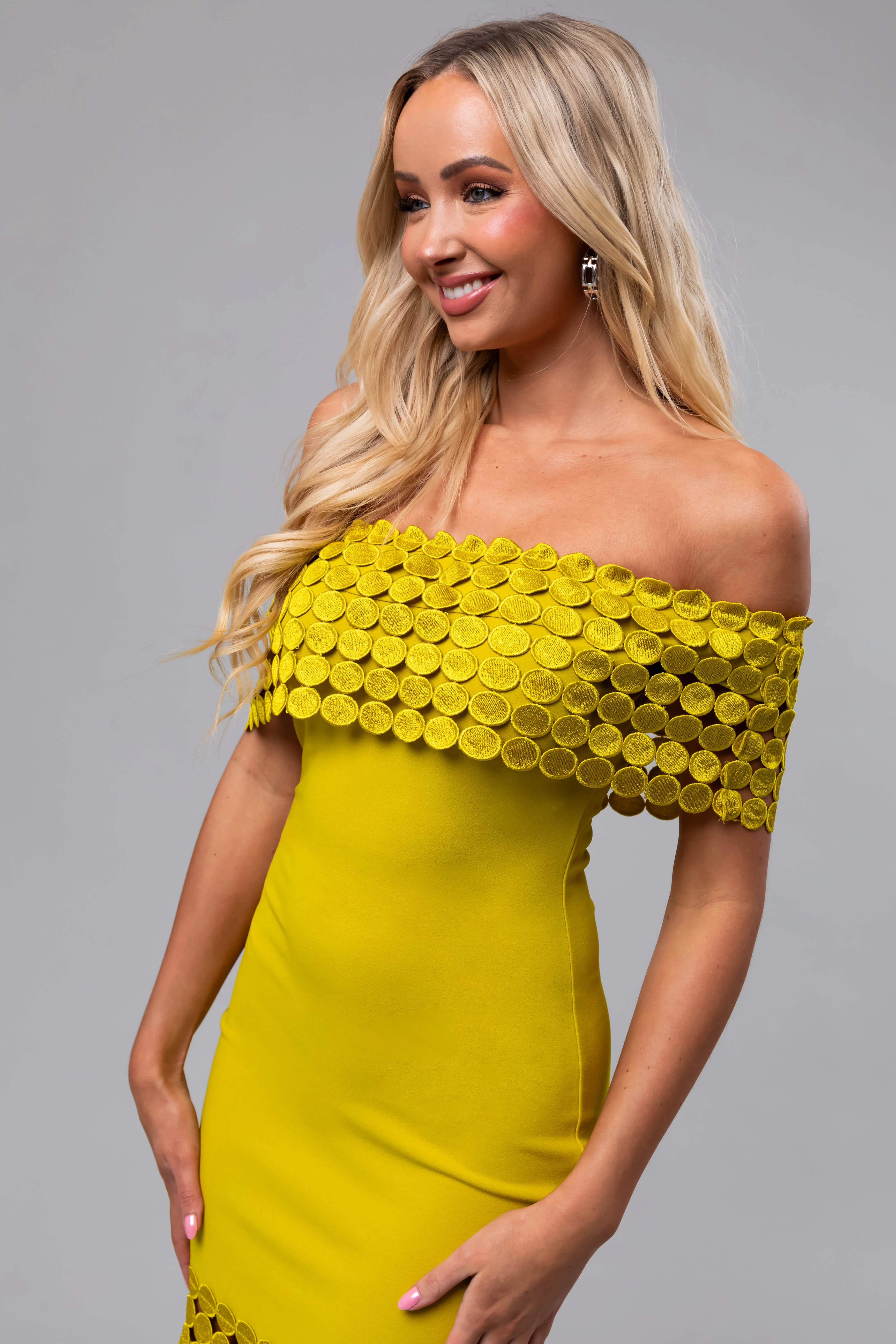 Key Lime Off Shoulder Circle Crochet Midi Dress - Image 5