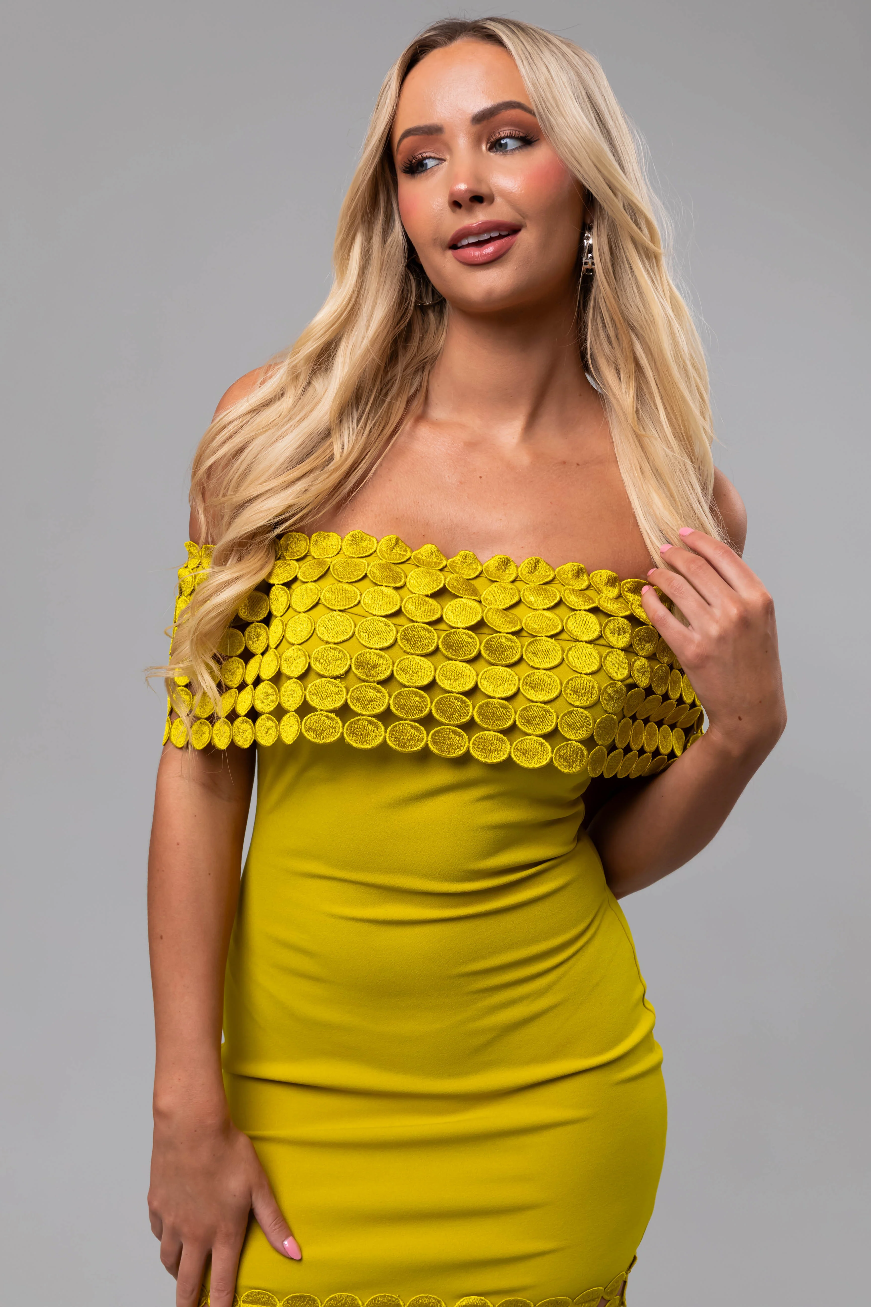 Key Lime Off Shoulder Circle Crochet Midi Dress - Image 9