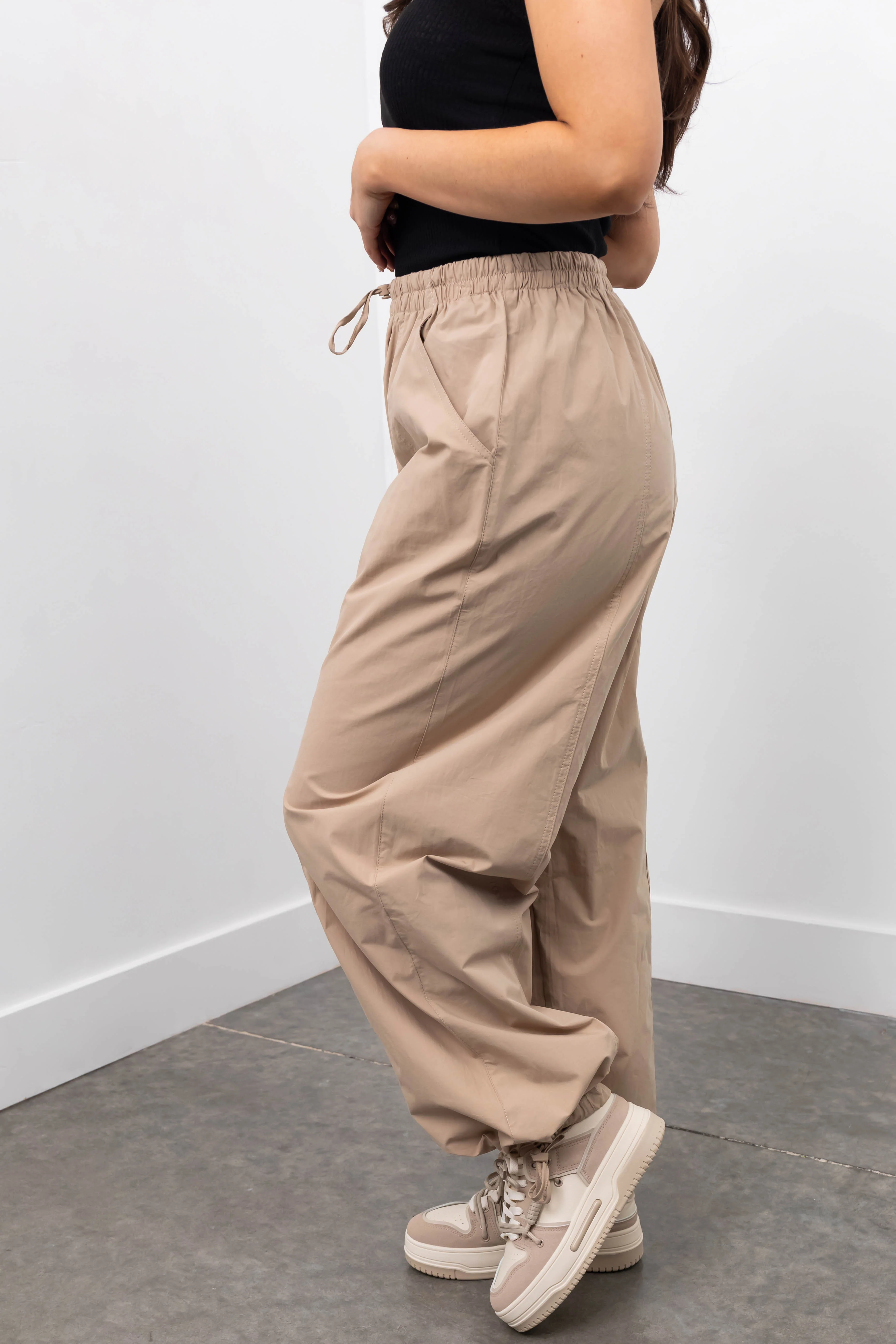 Khaki Drawstring Hem Windbreaker Pants - Image 3