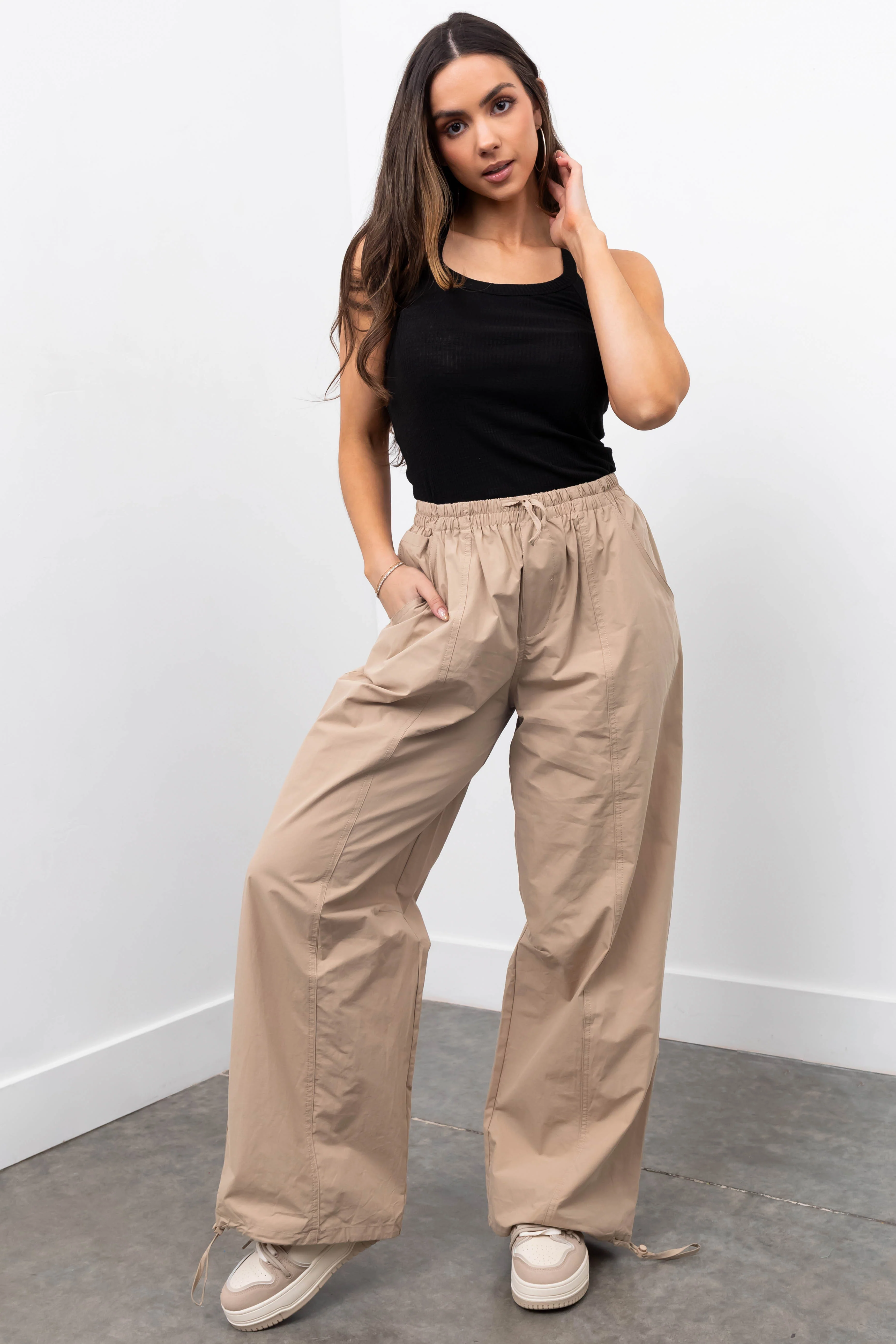 Khaki Drawstring Hem Windbreaker Pants - Image 5