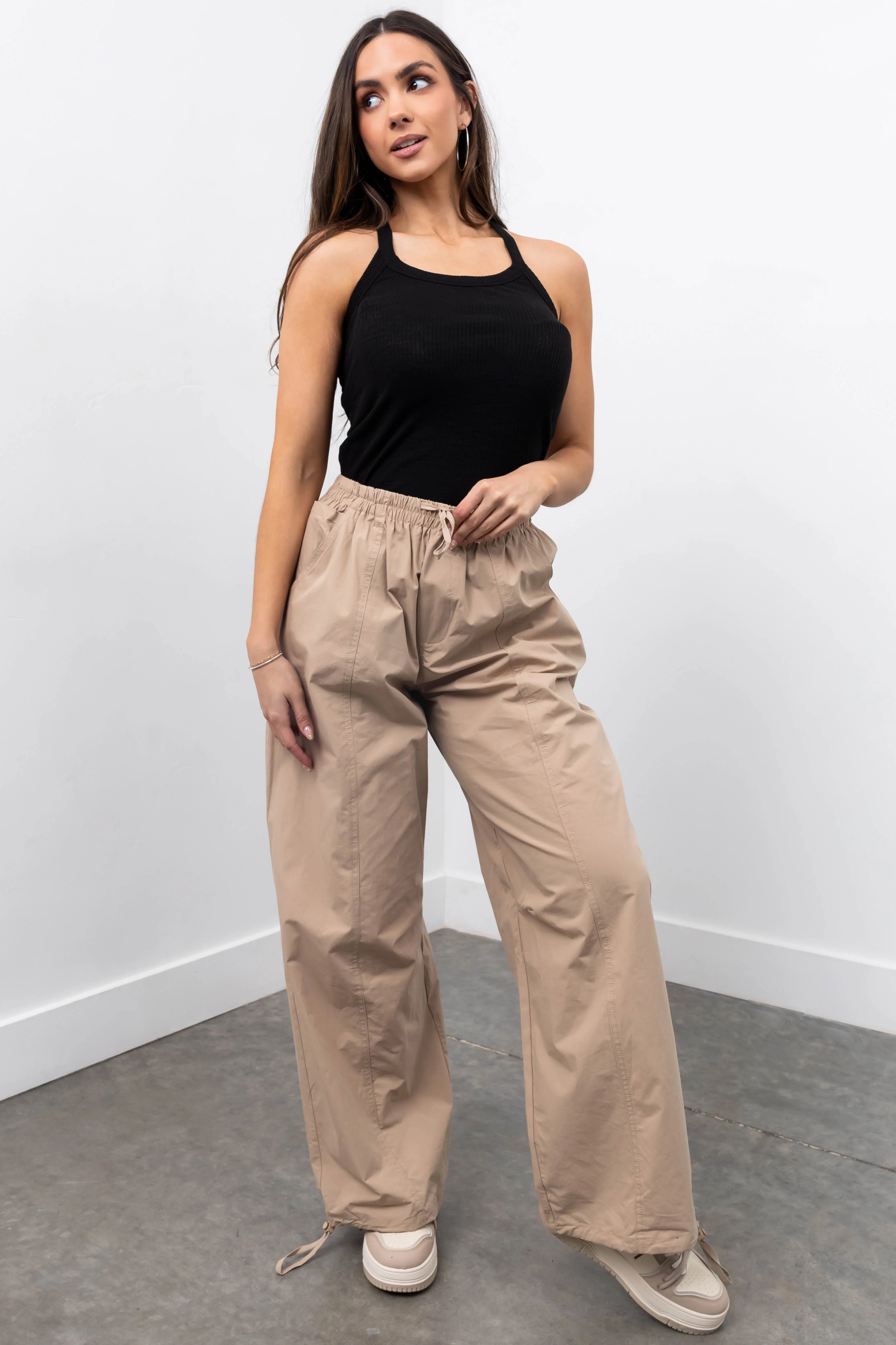 Khaki Drawstring Hem Windbreaker Pants - Image 7