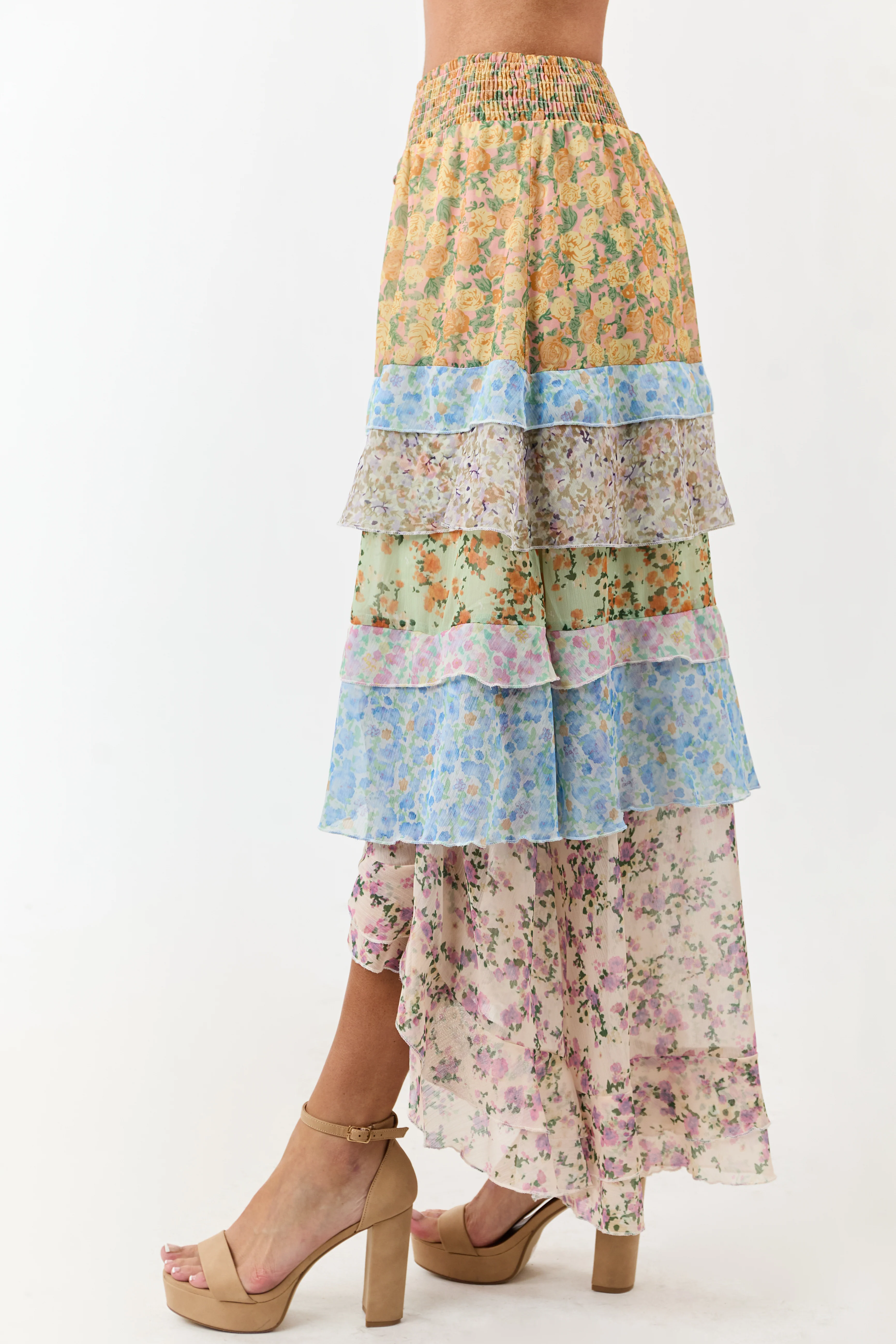 Lemon Multiprint Floral Ruffle Chiffon Maxi Skirt - Image 3