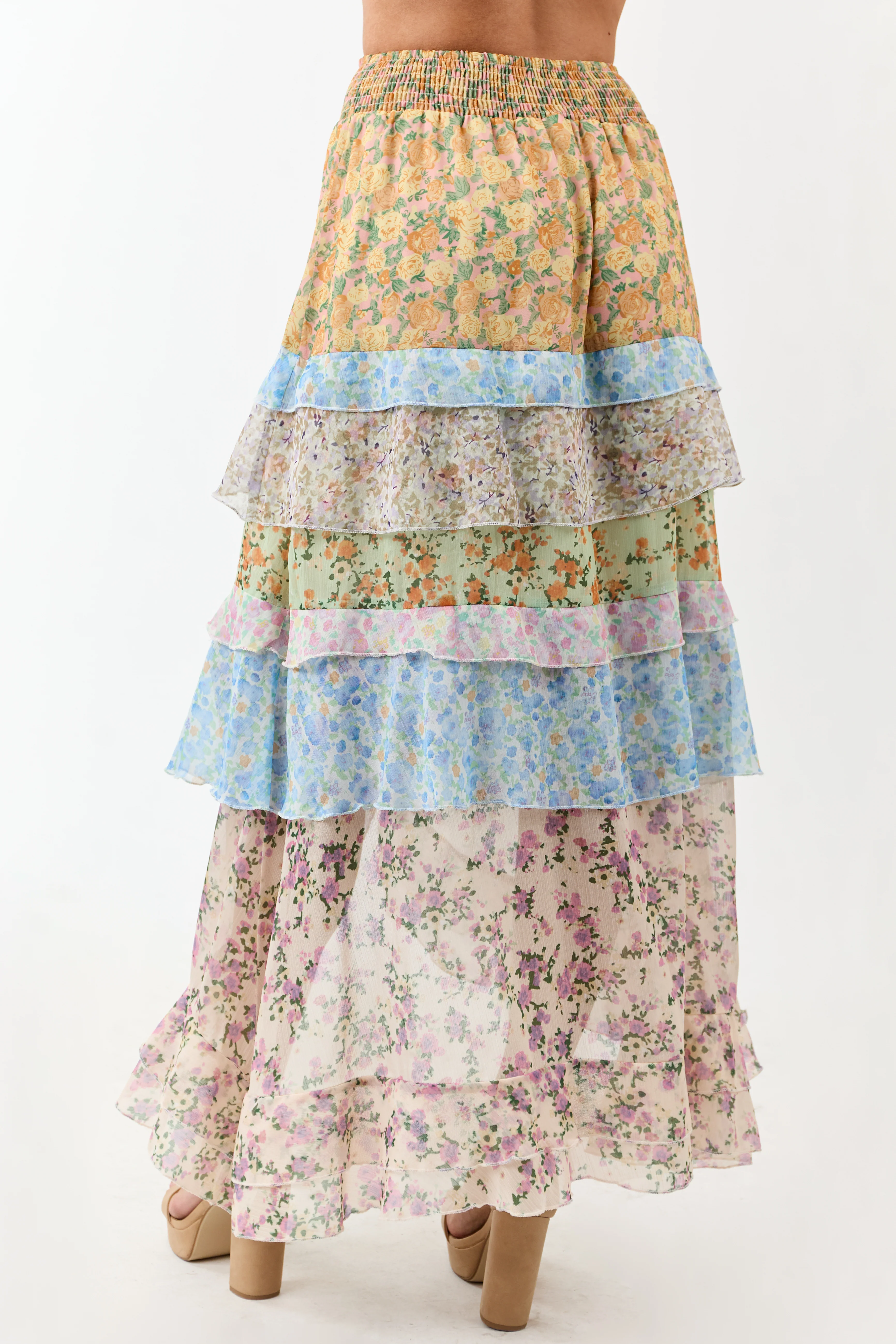 Lemon Multiprint Floral Ruffle Chiffon Maxi Skirt - Image 4