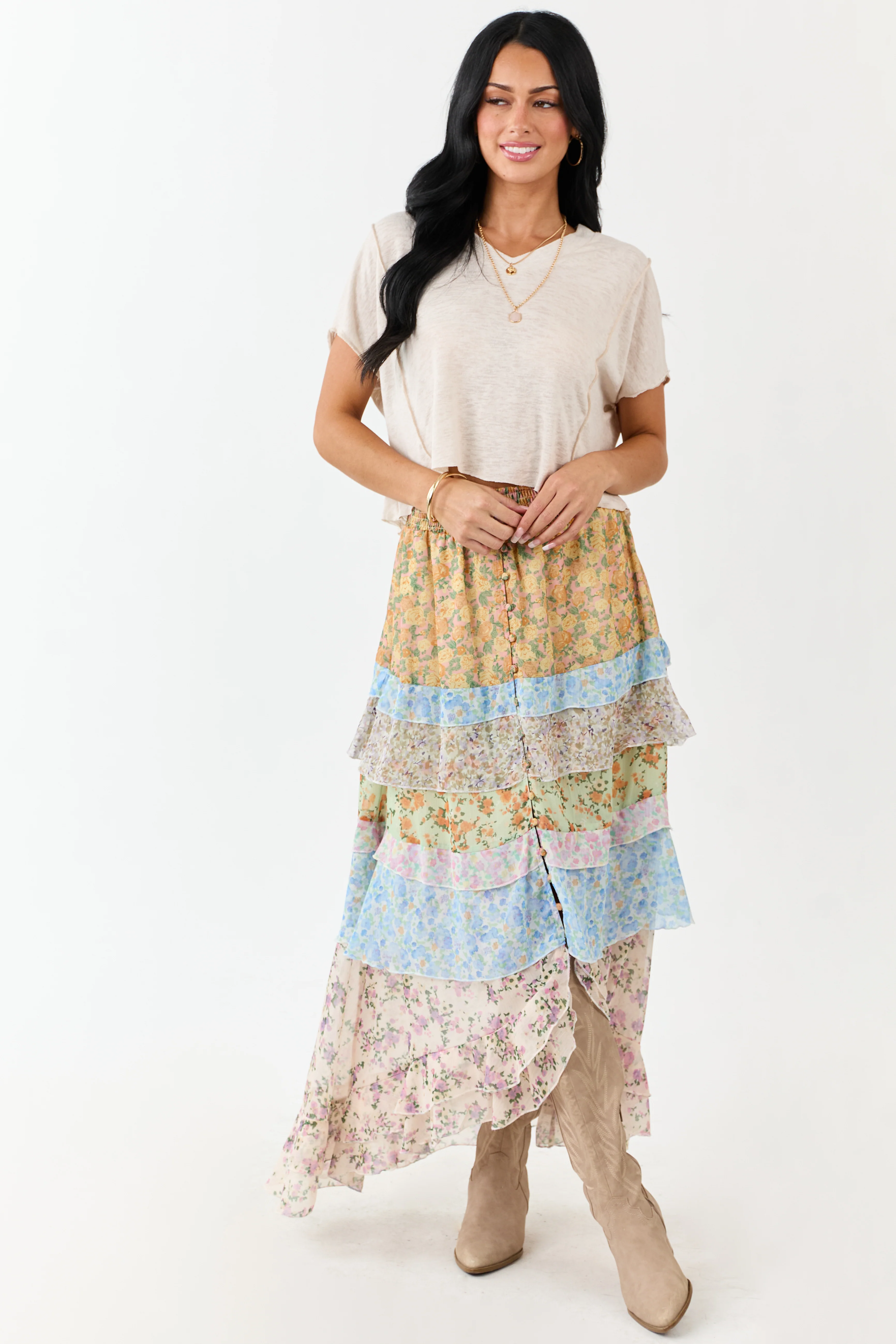 Lemon Multiprint Floral Ruffle Chiffon Maxi Skirt - Image 5