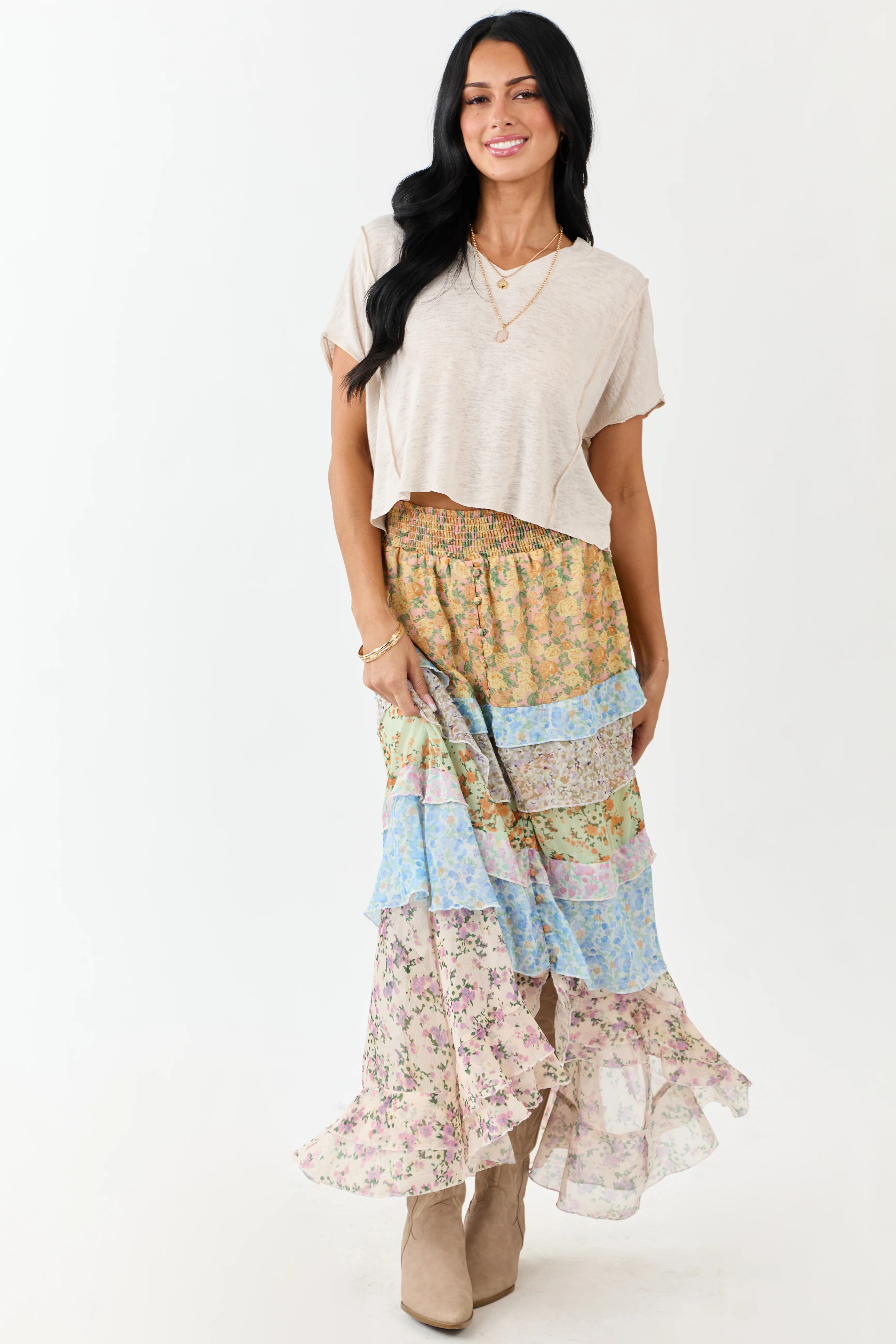 Lemon Multiprint Floral Ruffle Chiffon Maxi Skirt - Image 6