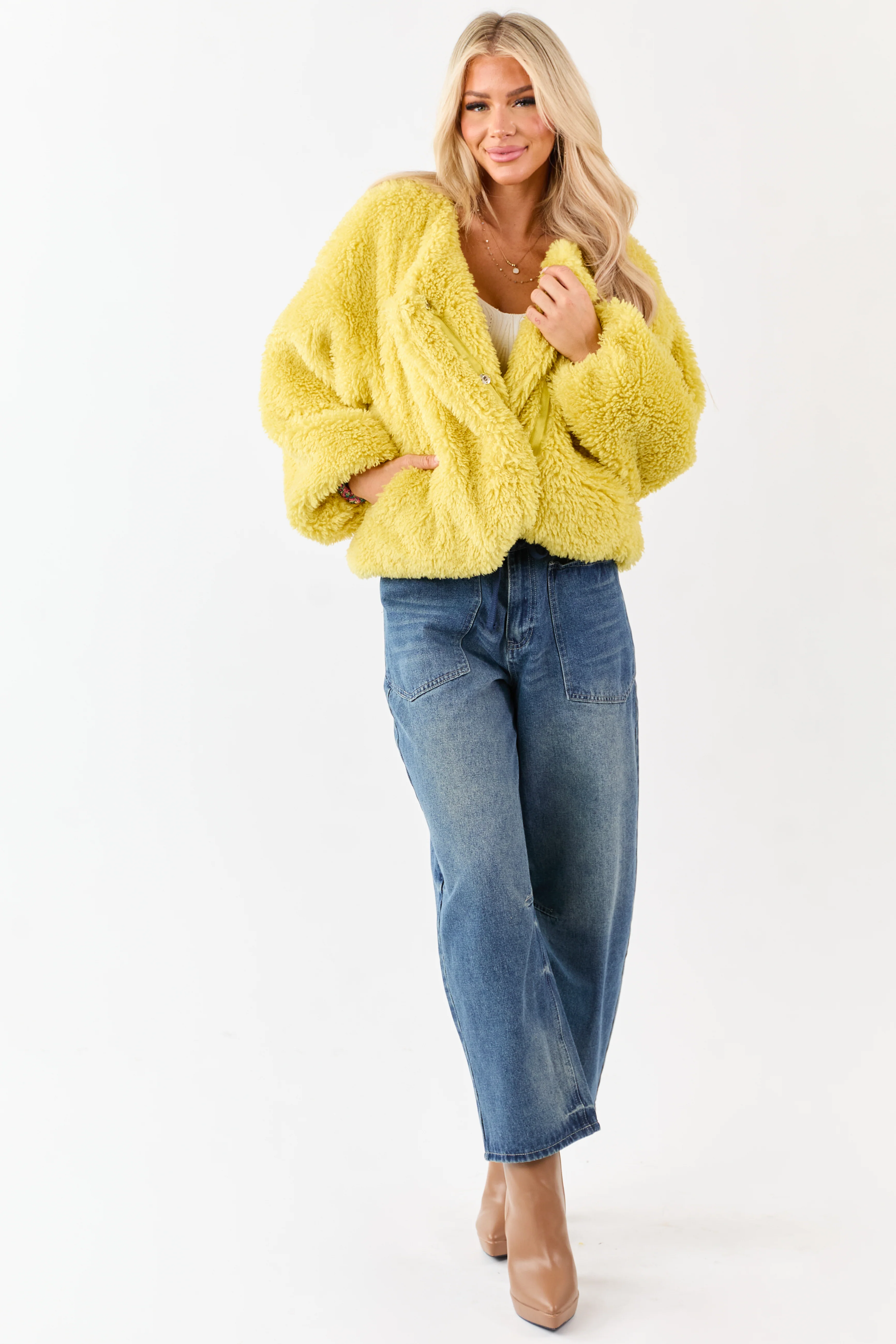 Light Mustard Soft Sherpa Snap Button Up Relaxed Jacket - Image 3