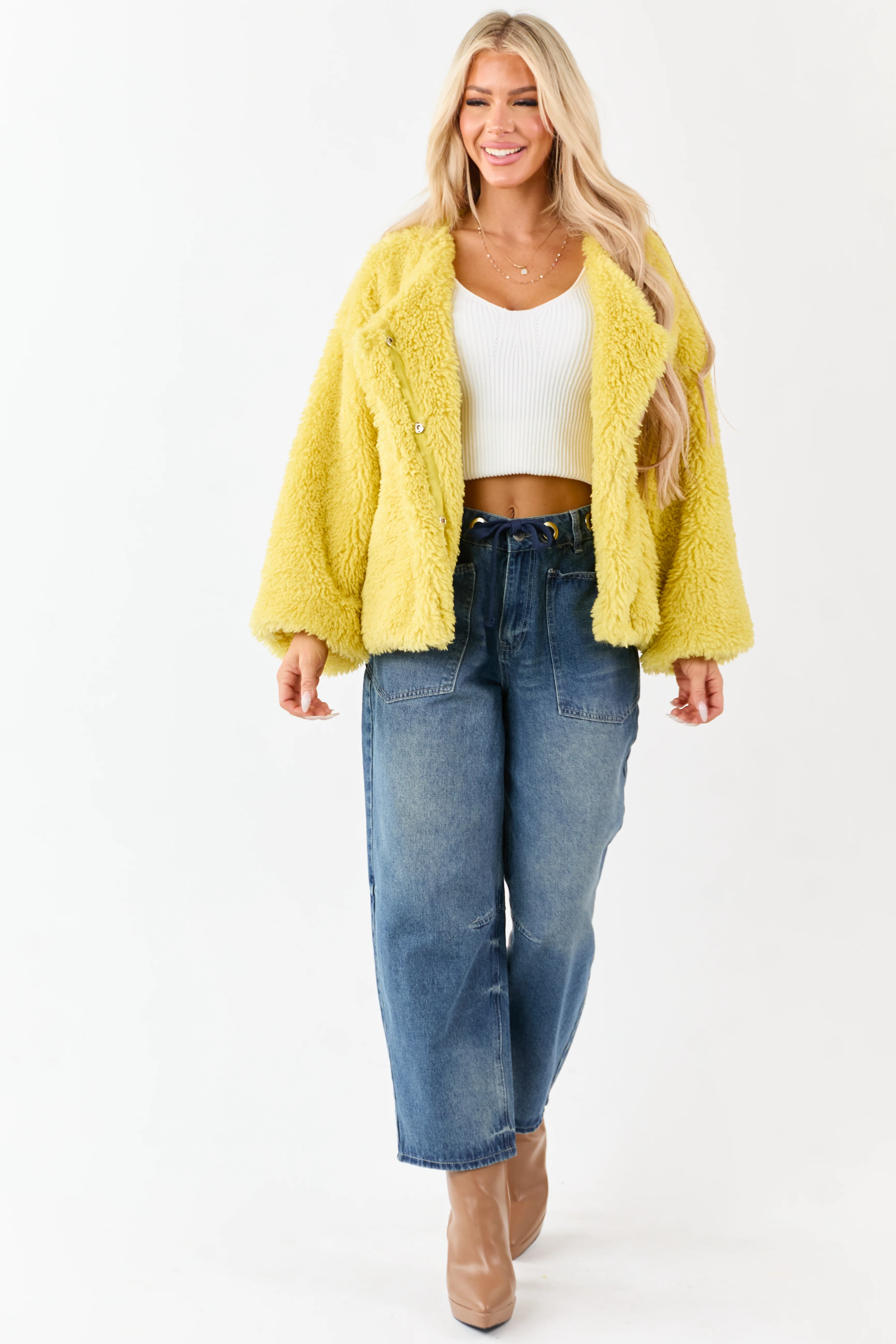 Light Mustard Soft Sherpa Snap Button Up Relaxed Jacket - Image 4