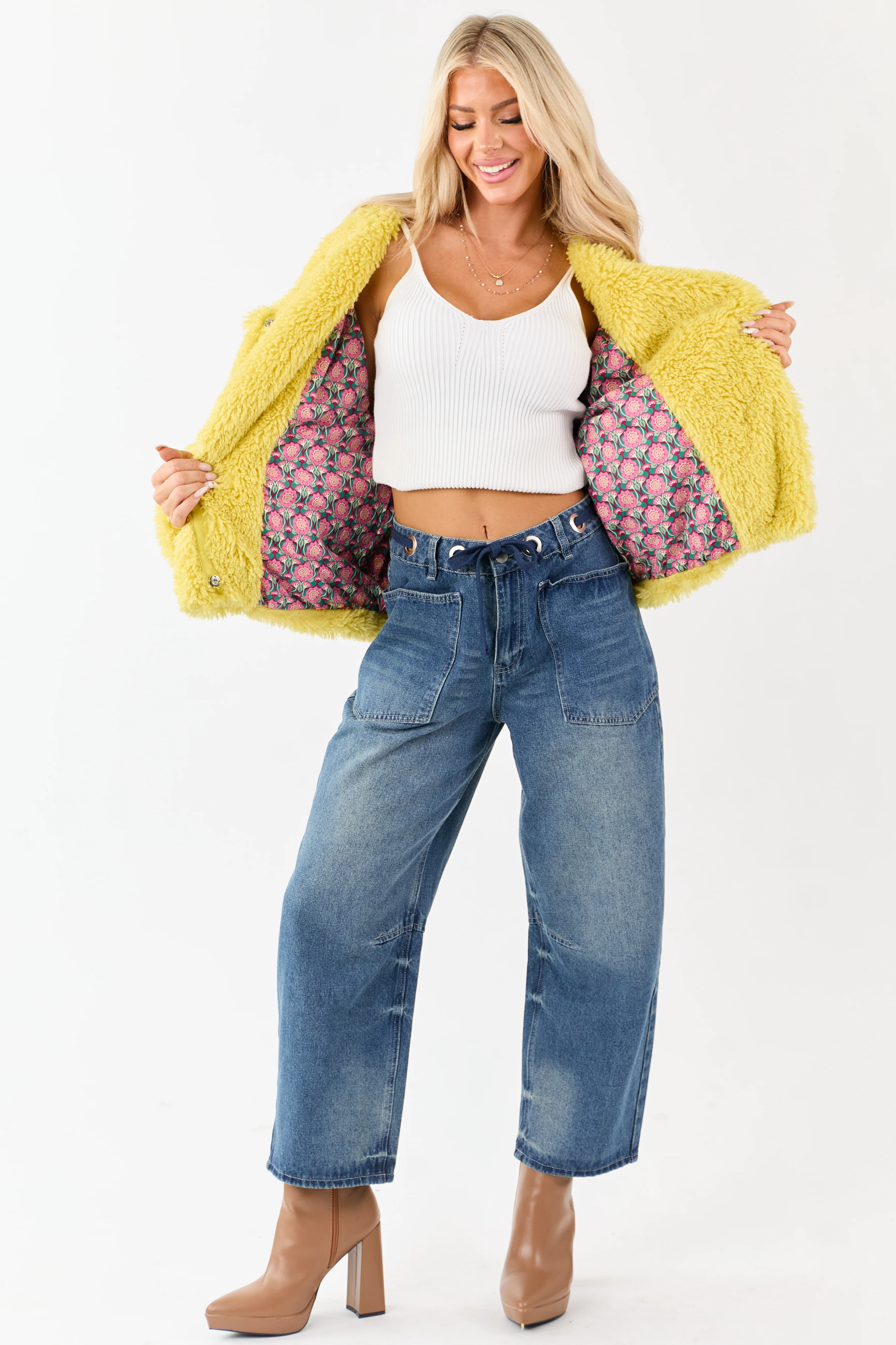 Light Mustard Soft Sherpa Snap Button Up Relaxed Jacket - Image 5