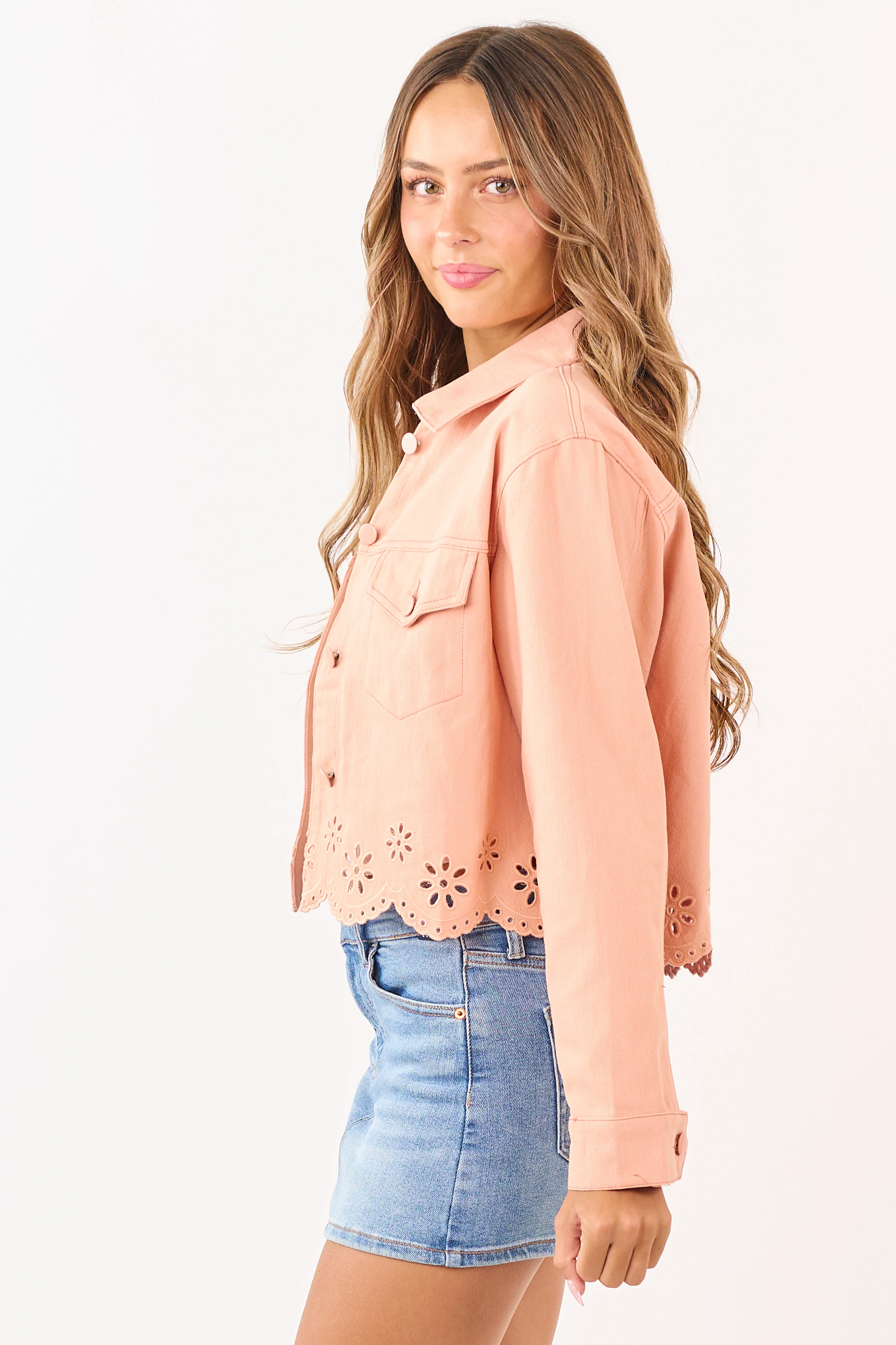 Light Peach Button Down Embroidered Denim Jacket - Image 4