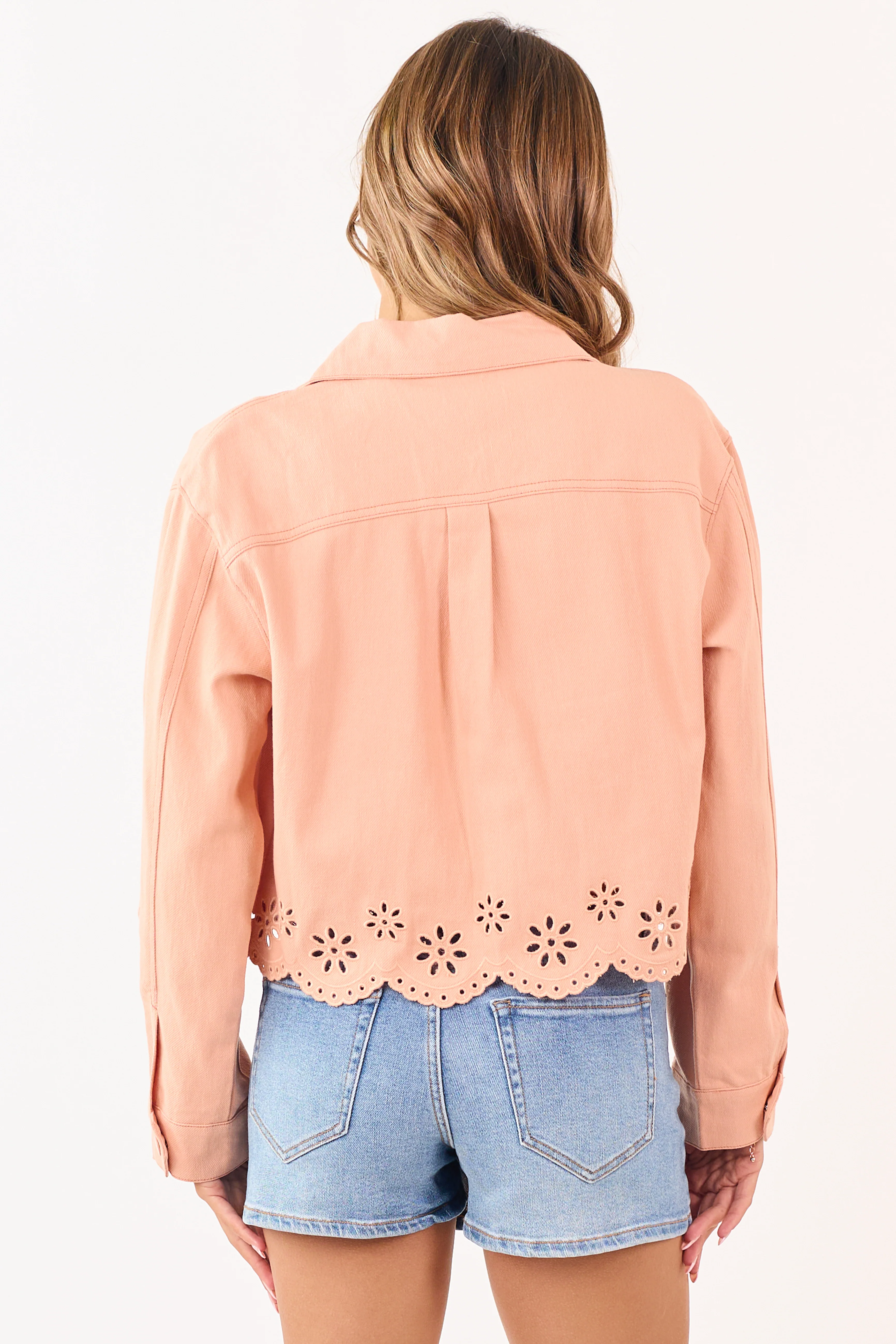 Light Peach Button Down Embroidered Denim Jacket - Image 5