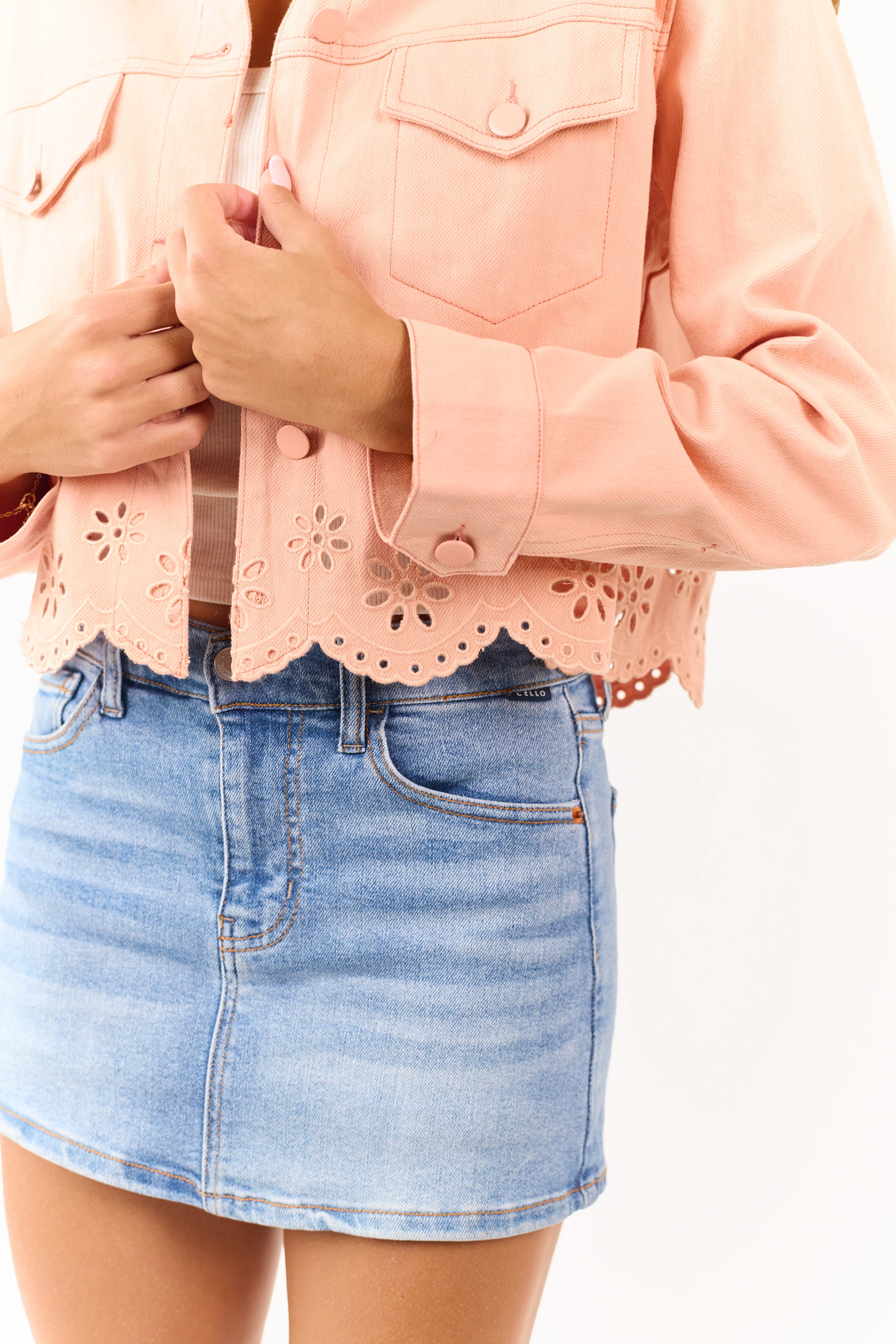 Light Peach Button Down Embroidered Denim Jacket - Image 6