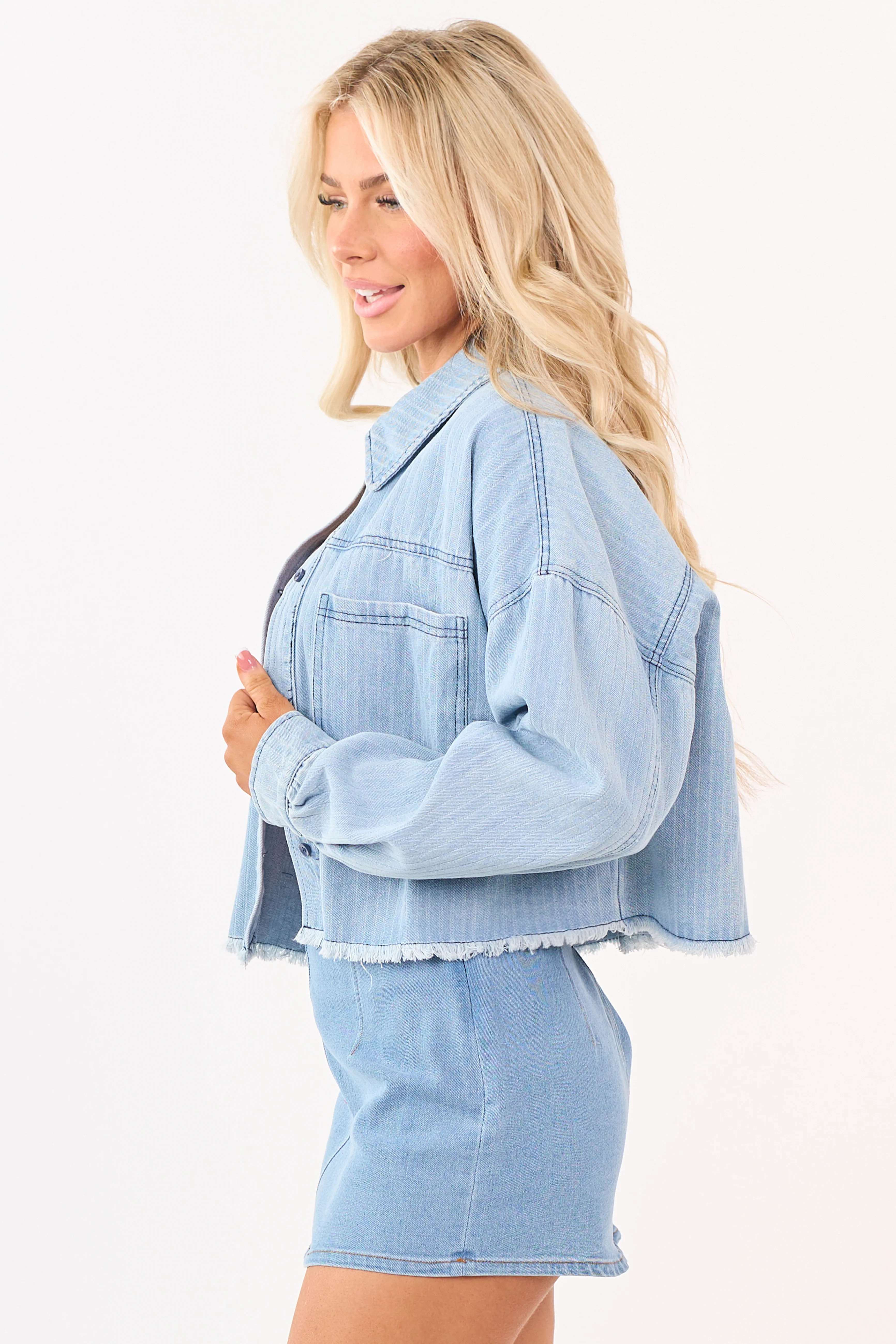 Light Wash Denim Button Down Boxy Shacket - Image 4