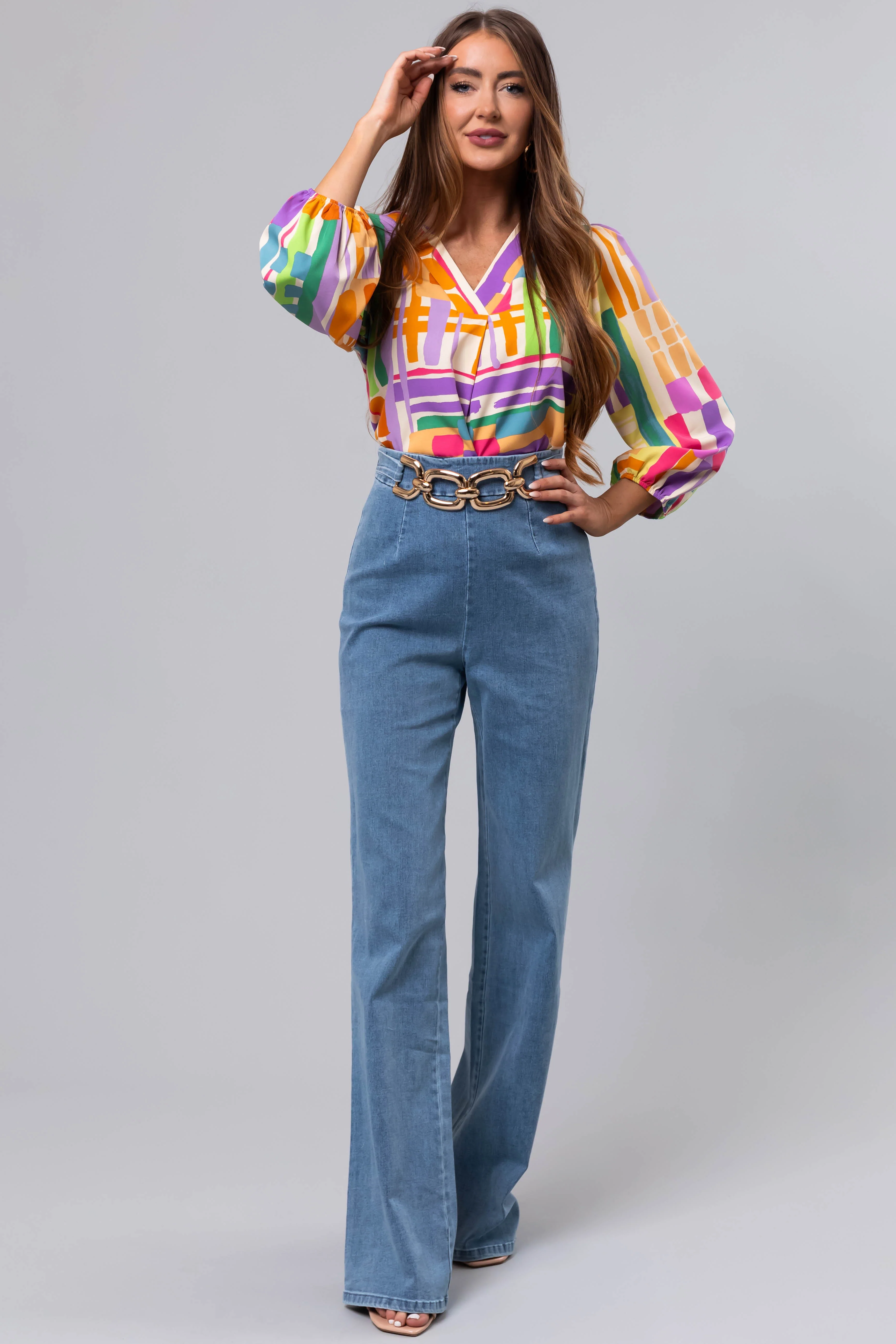 Light Wash Denim High Waisted Gold Belt Pants - Image 6