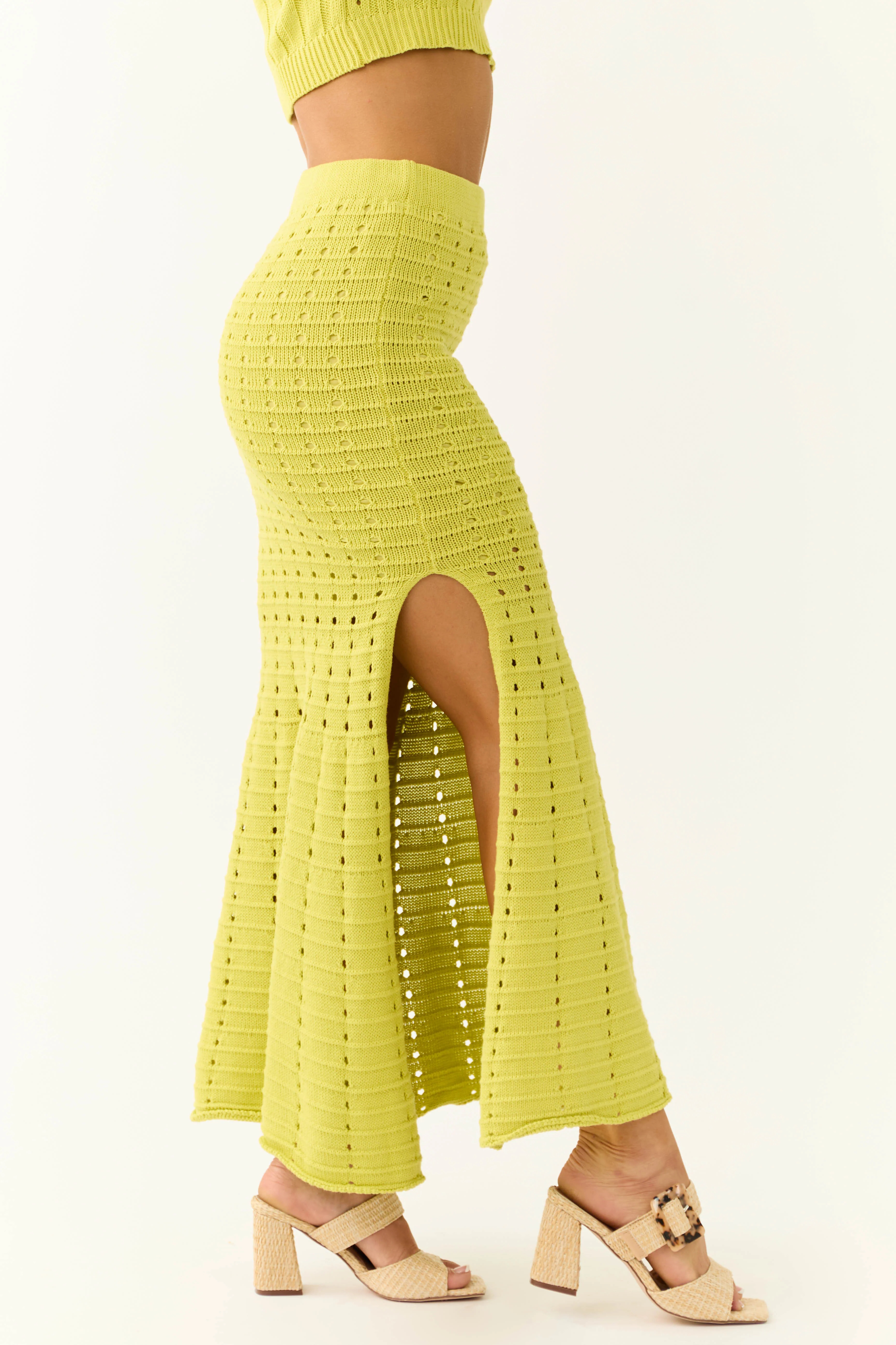 Lime Crochet Knit Fit and Flare Maxi Skirt - Image 3
