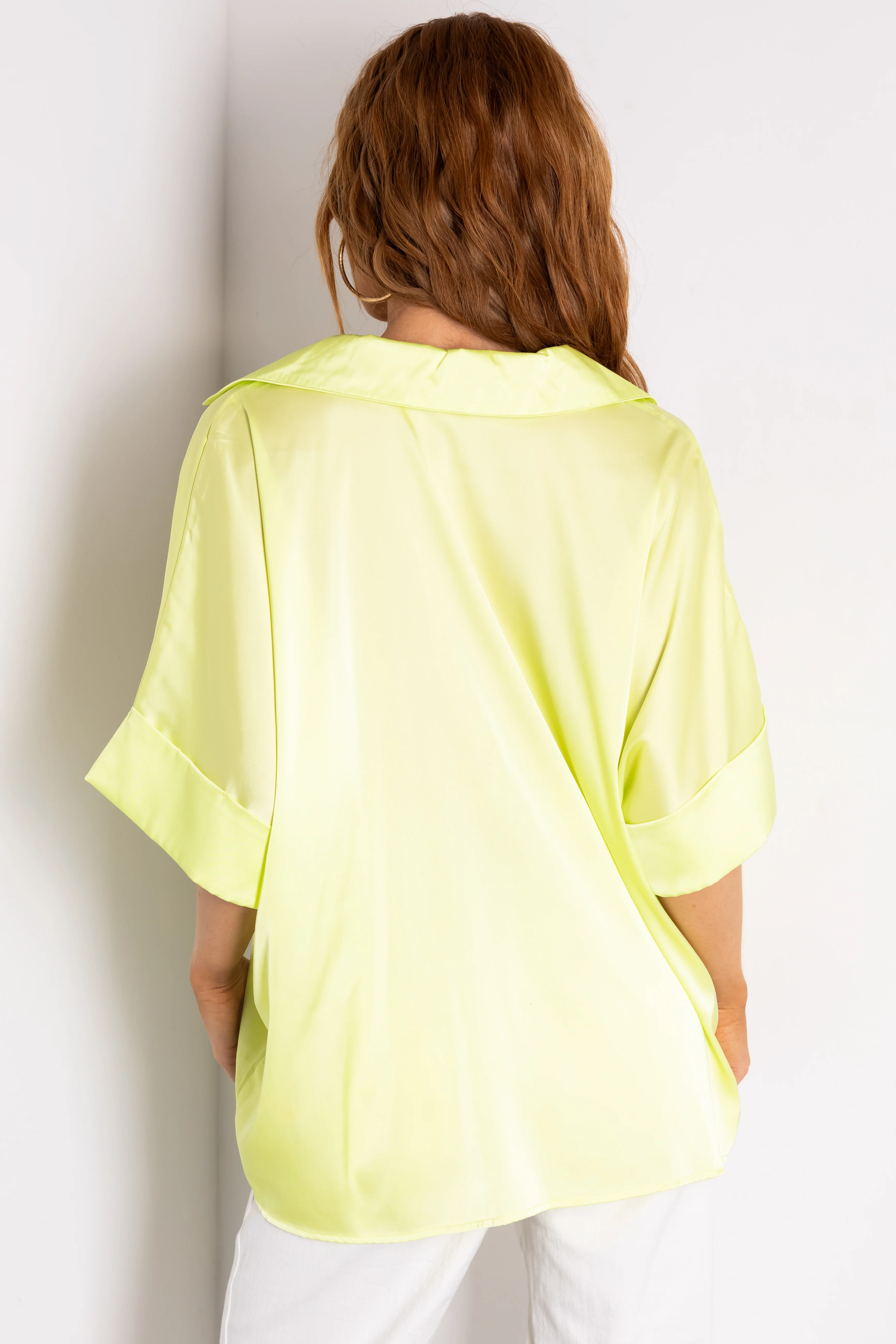 Lime V Neck Collared Satin Blouse - Image 6