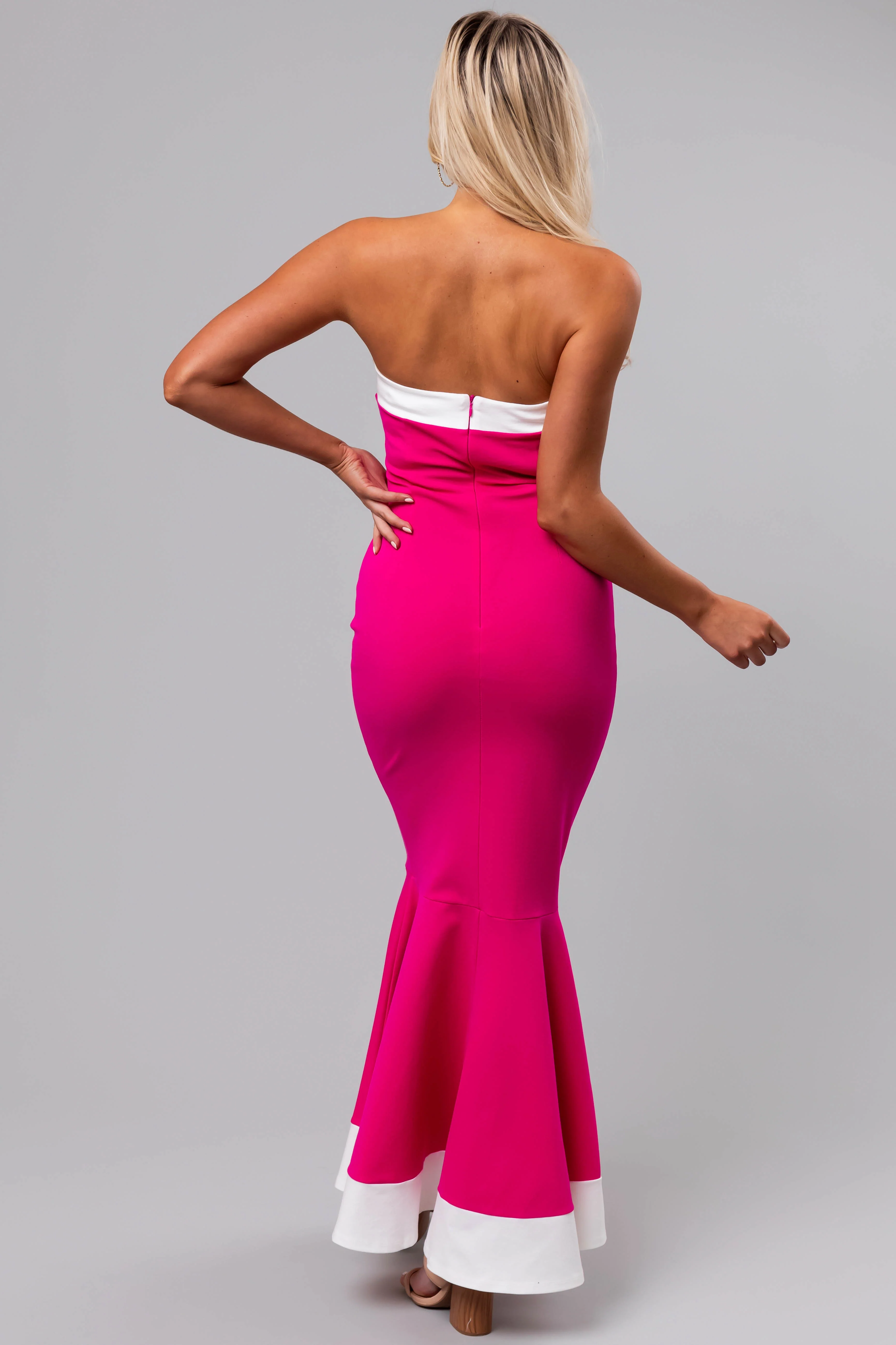 Magenta Contrast Strapless Midi Dress - Image 6