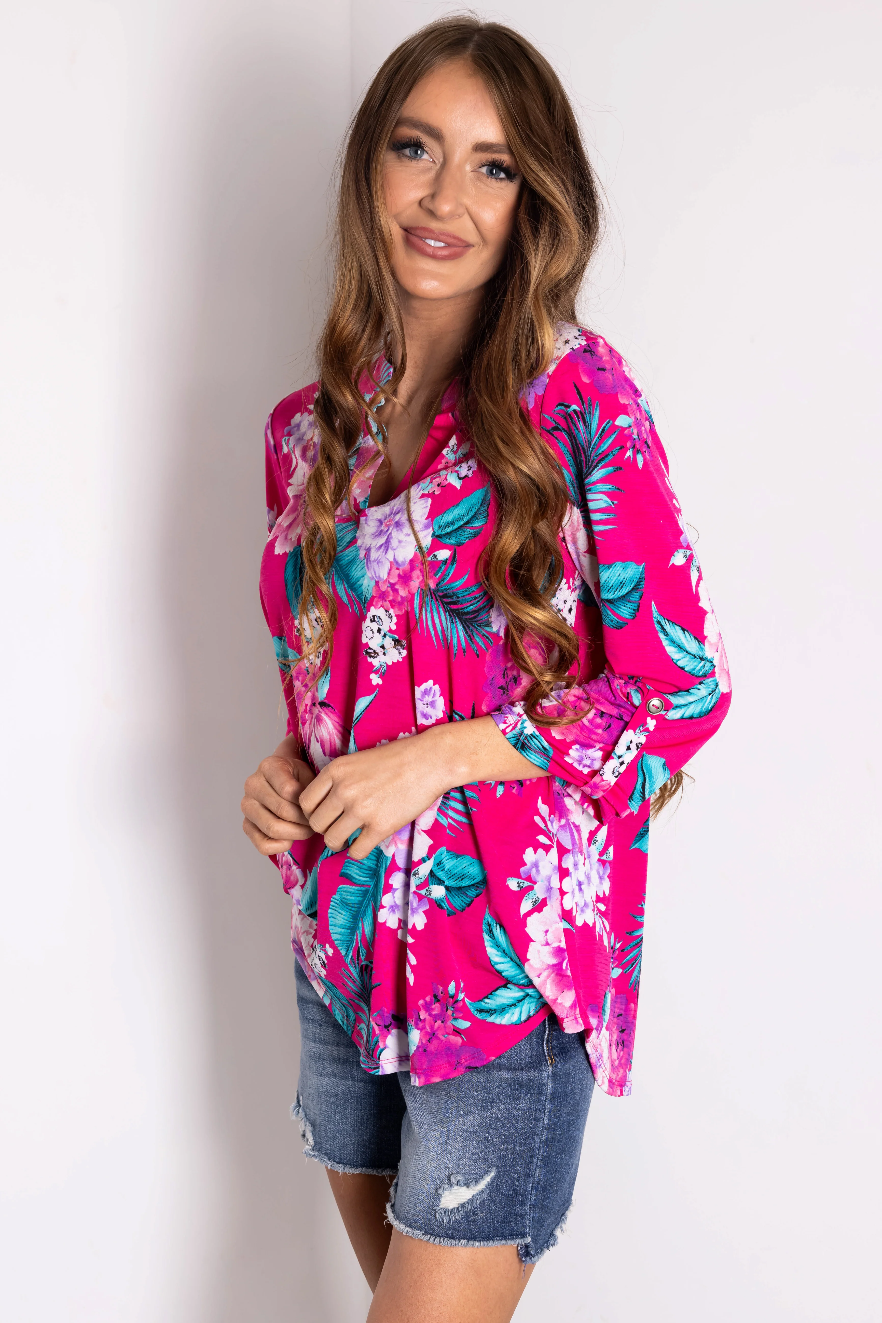 Magenta Floral Print 3/4 Sleeve V Neck Top - Image 4