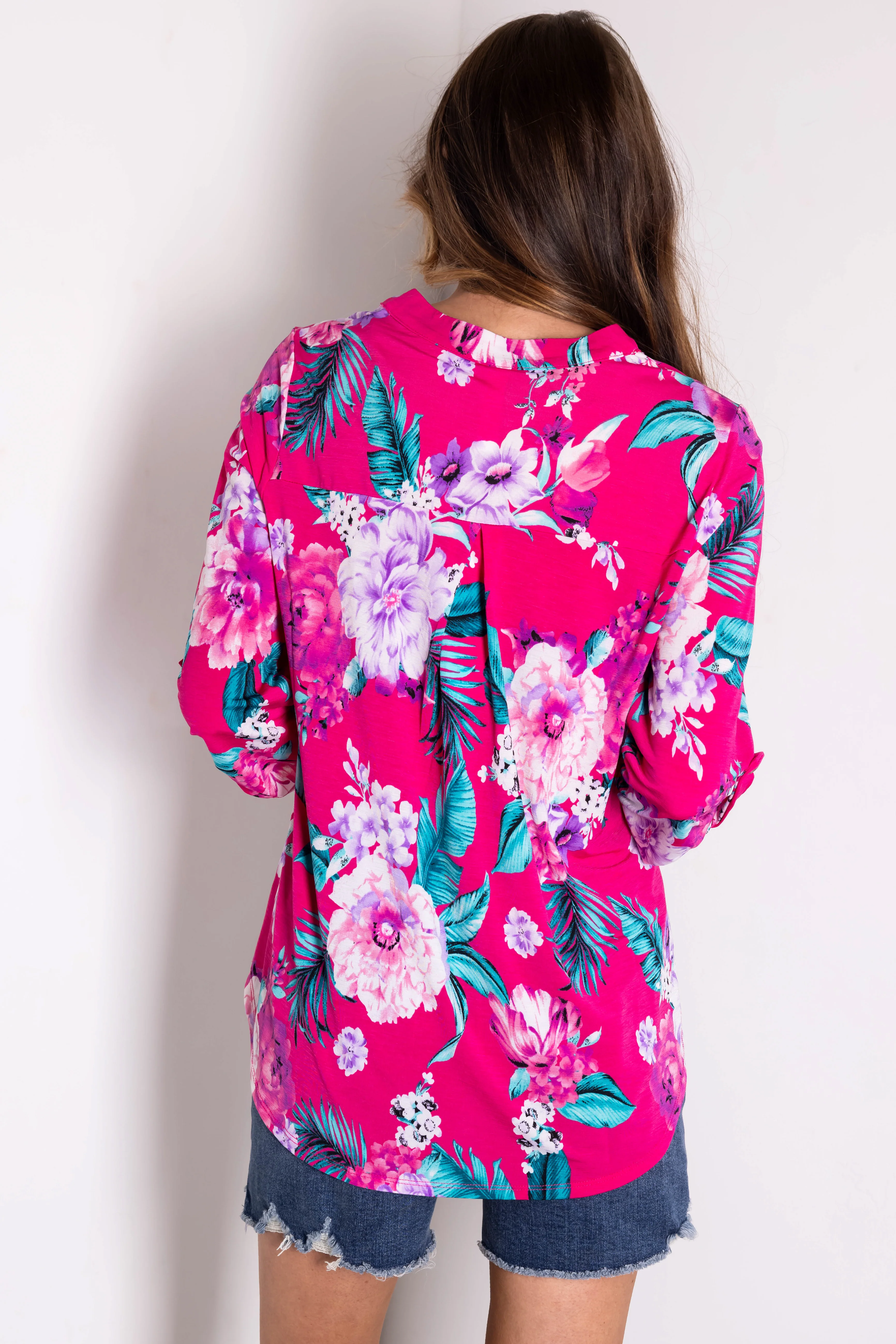Magenta Floral Print 3/4 Sleeve V Neck Top - Image 5