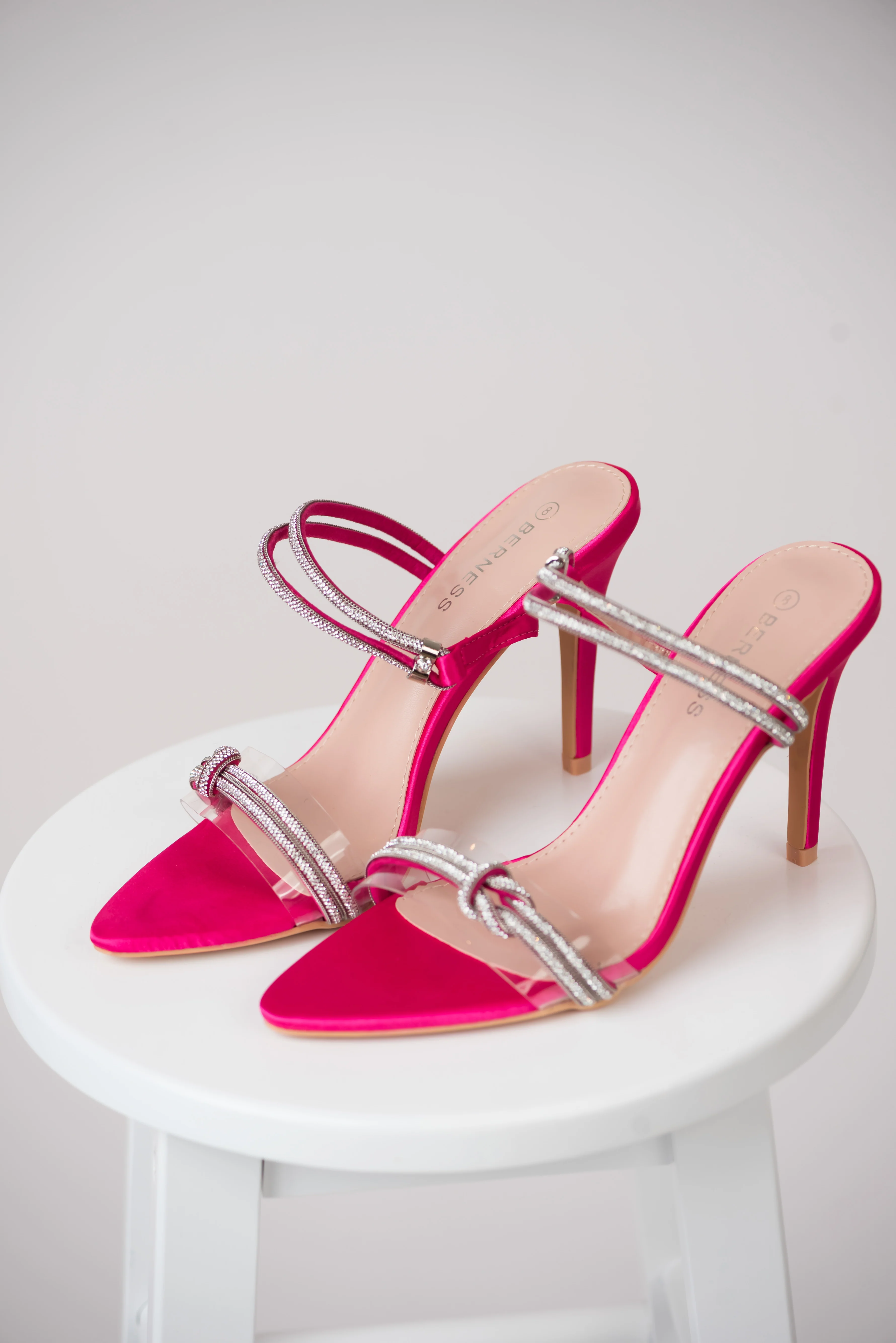 Magenta Satin Rhinestone Strap Pointed Heels - Image 5