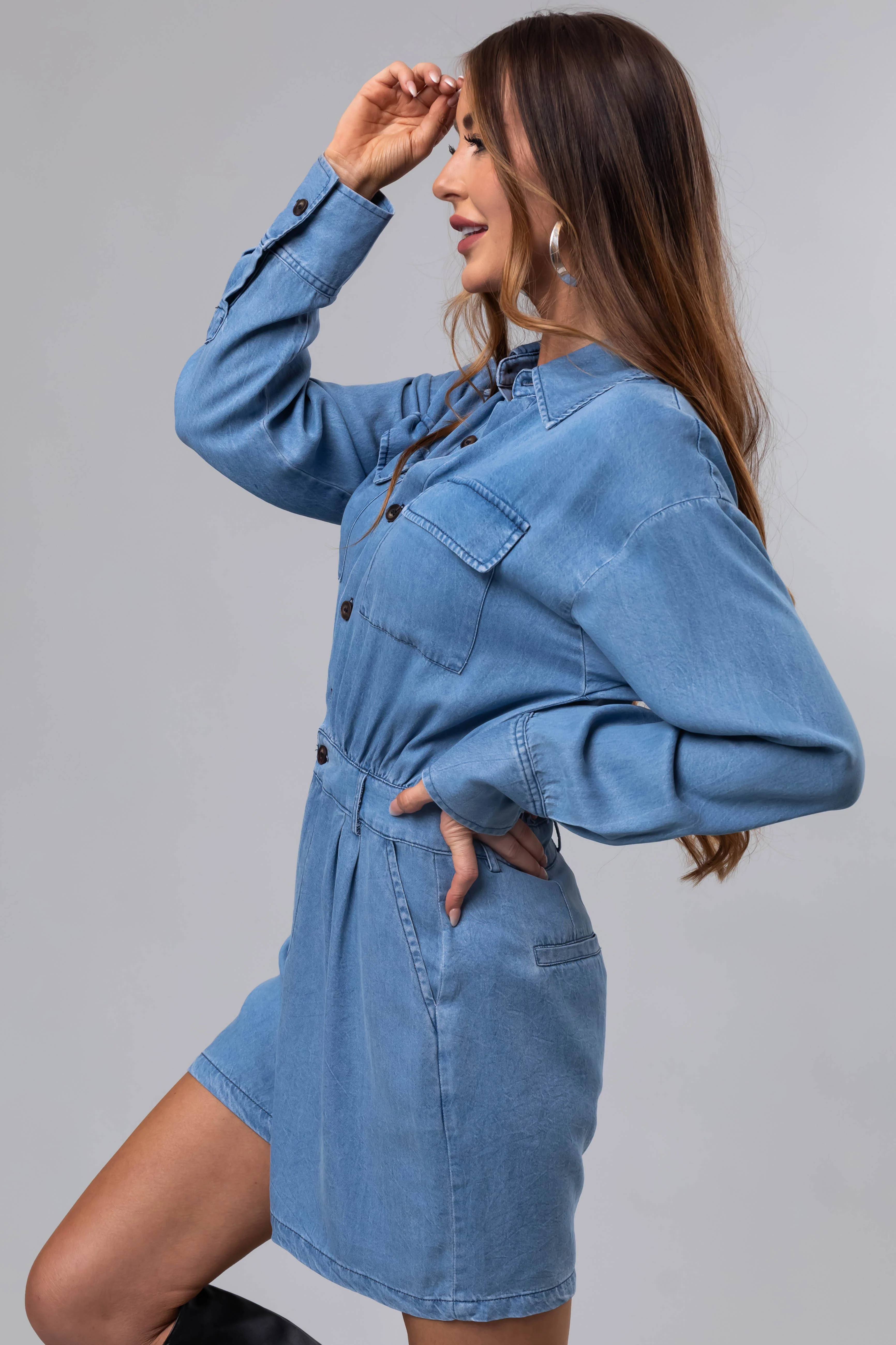 Medium Denim Long Sleeve Button Up Romper - Image 5