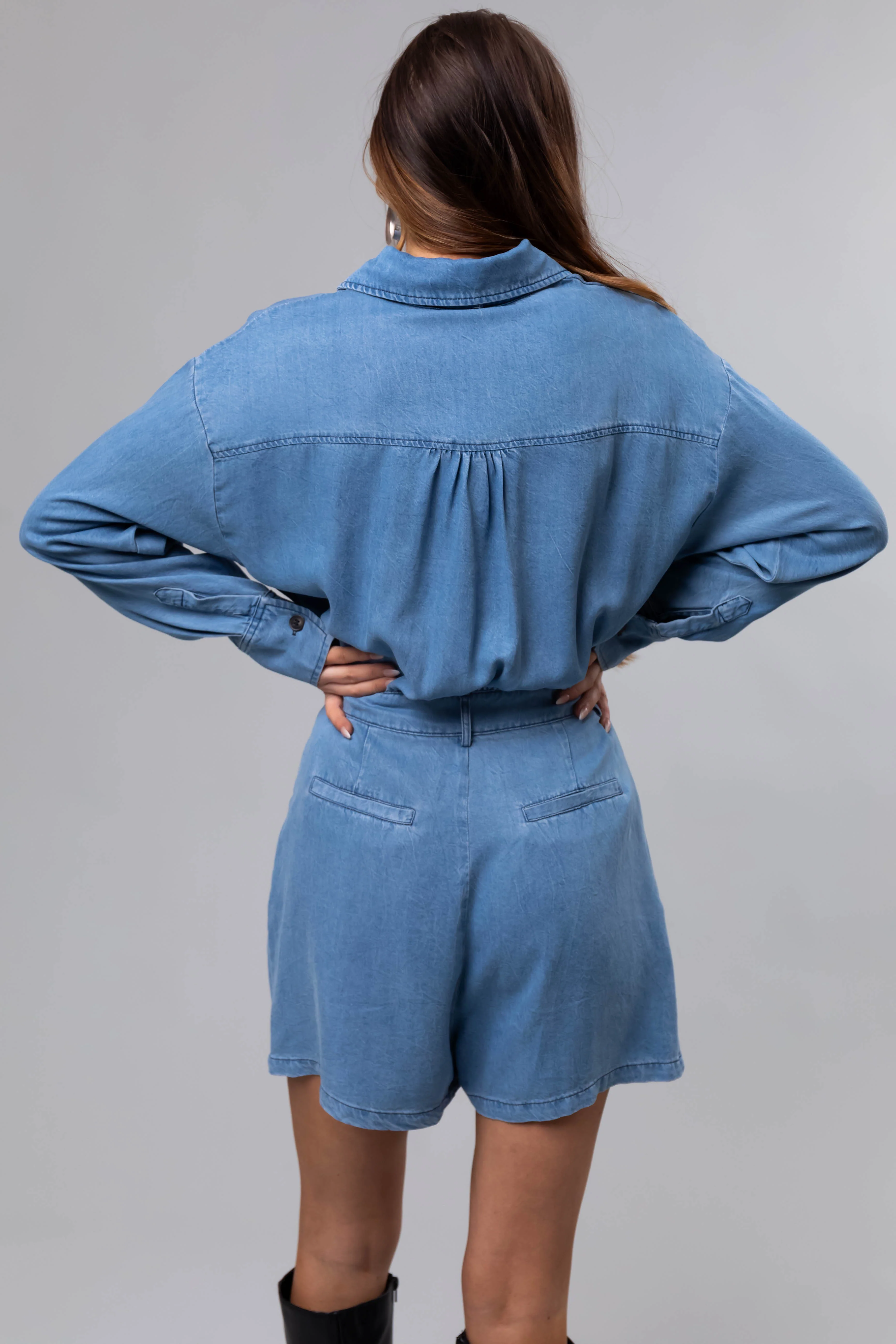 Medium Denim Long Sleeve Button Up Romper - Image 6