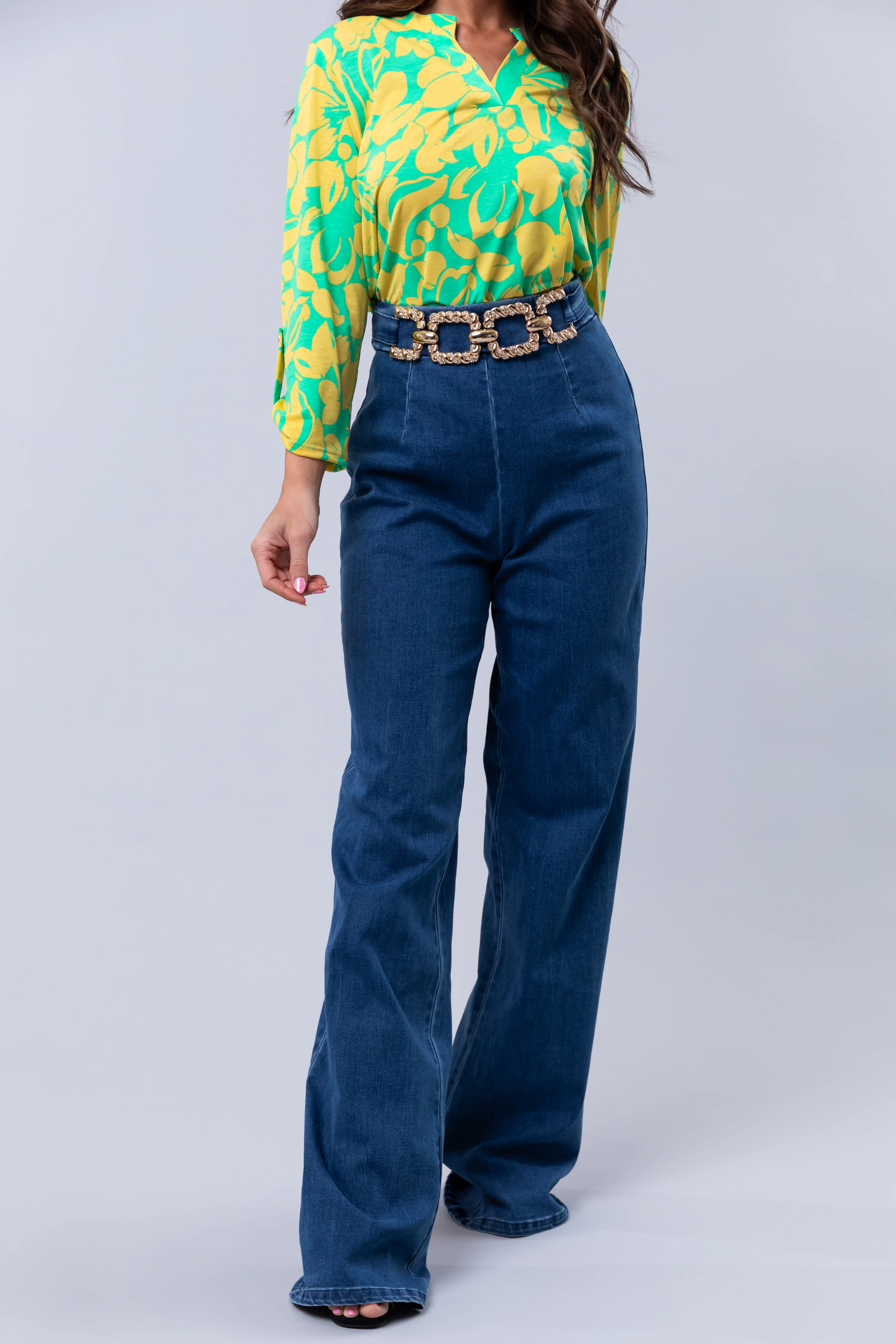 Medium Wash Denim Gold Belt High Waisted Jeans - Image 4