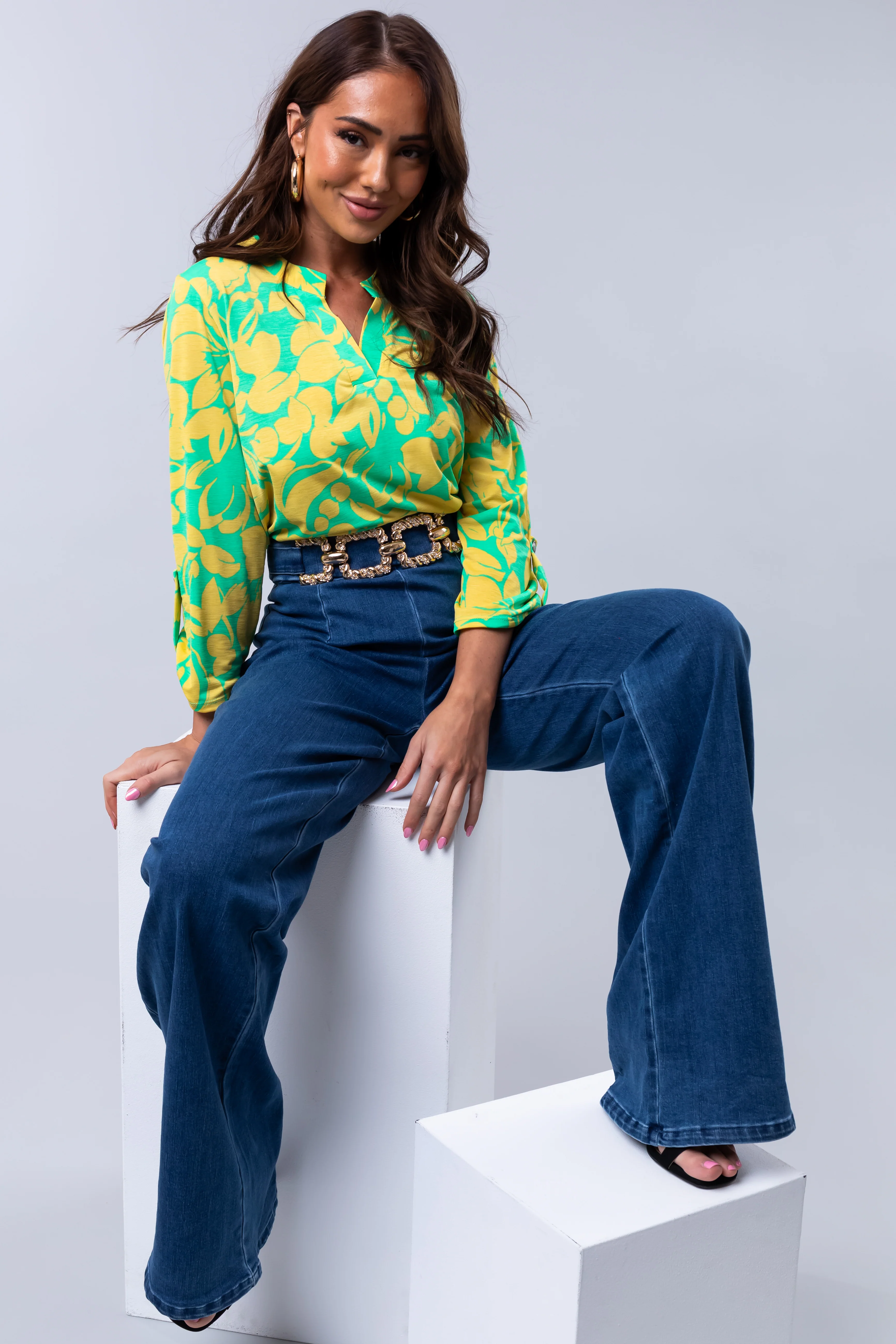 Medium Wash Denim Gold Belt High Waisted Jeans - Image 6