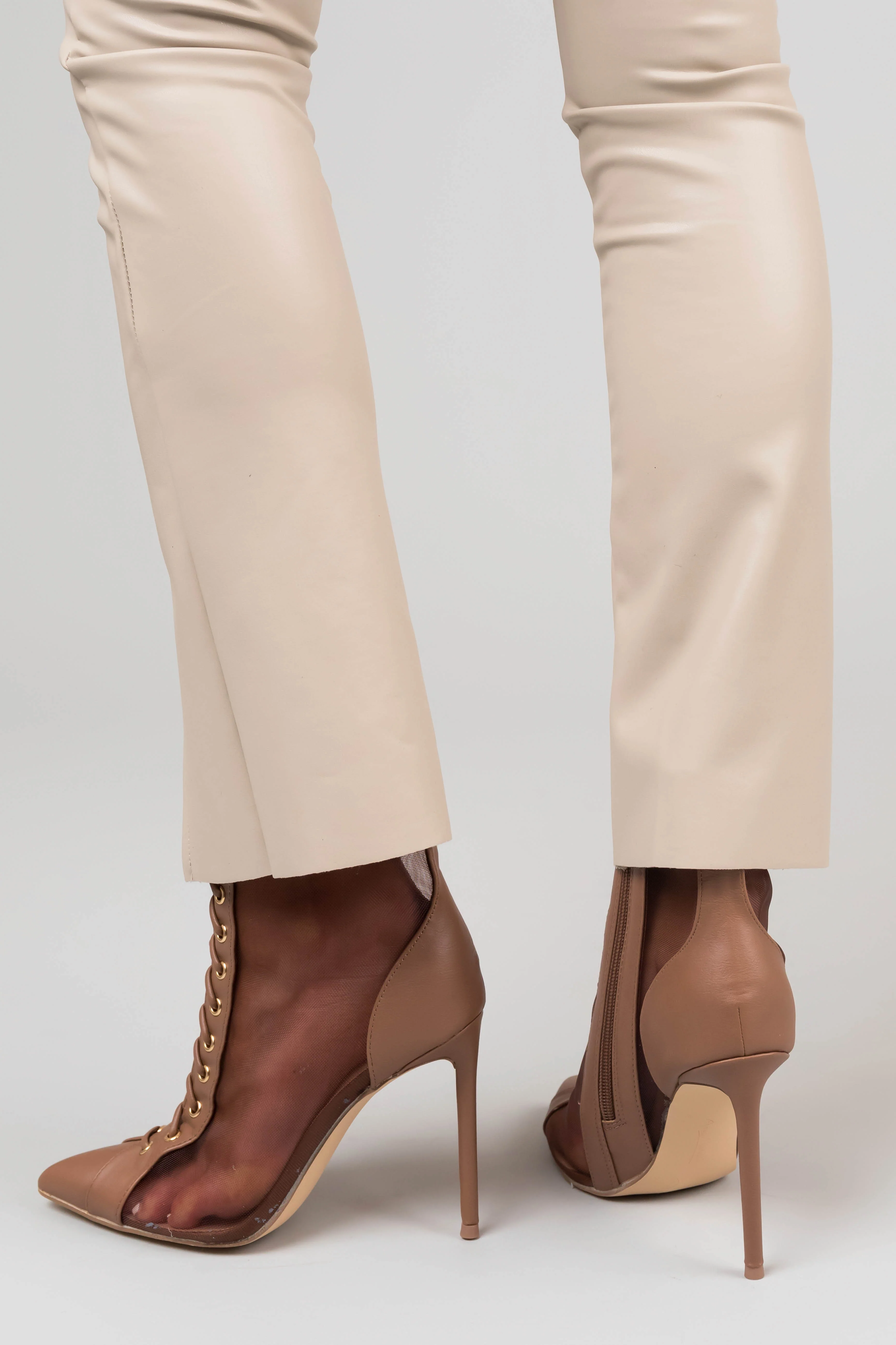 Mocha Sheer Mesh Lace Up Stiletto Booties - Image 3