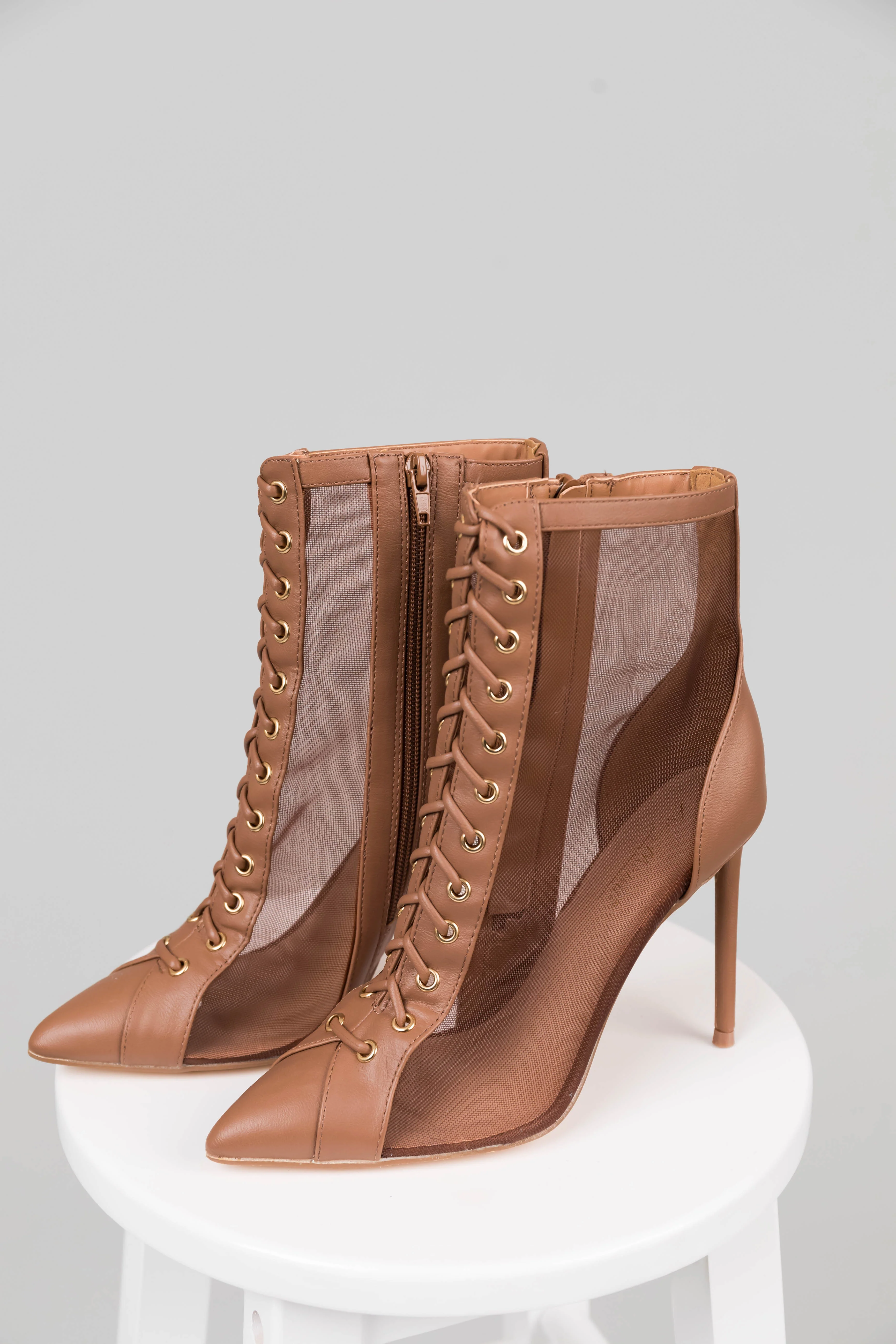 Mocha Sheer Mesh Lace Up Stiletto Booties - Image 5