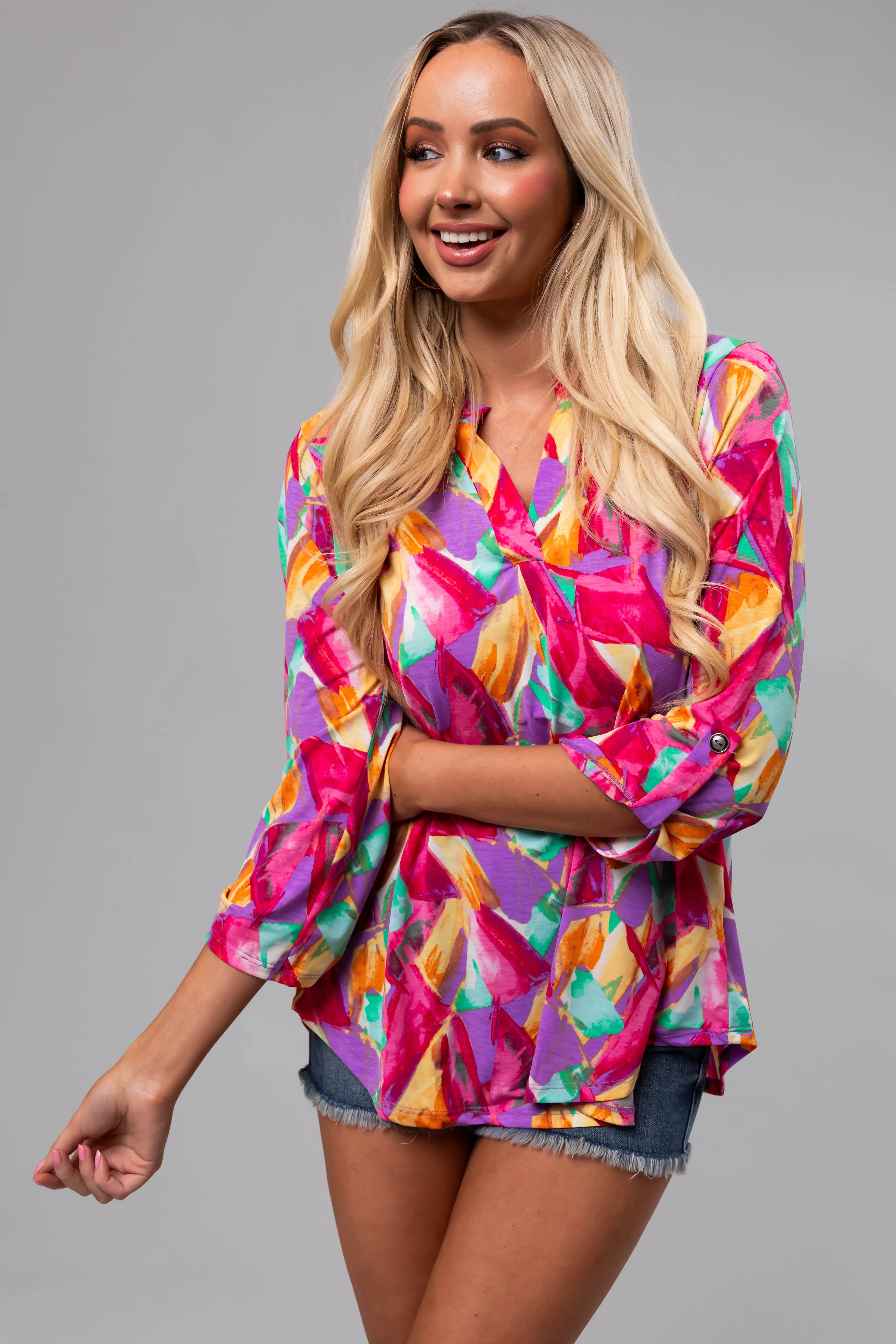 Multicolor Abstract Print 3/4 Sleeve Blouse - Image 6