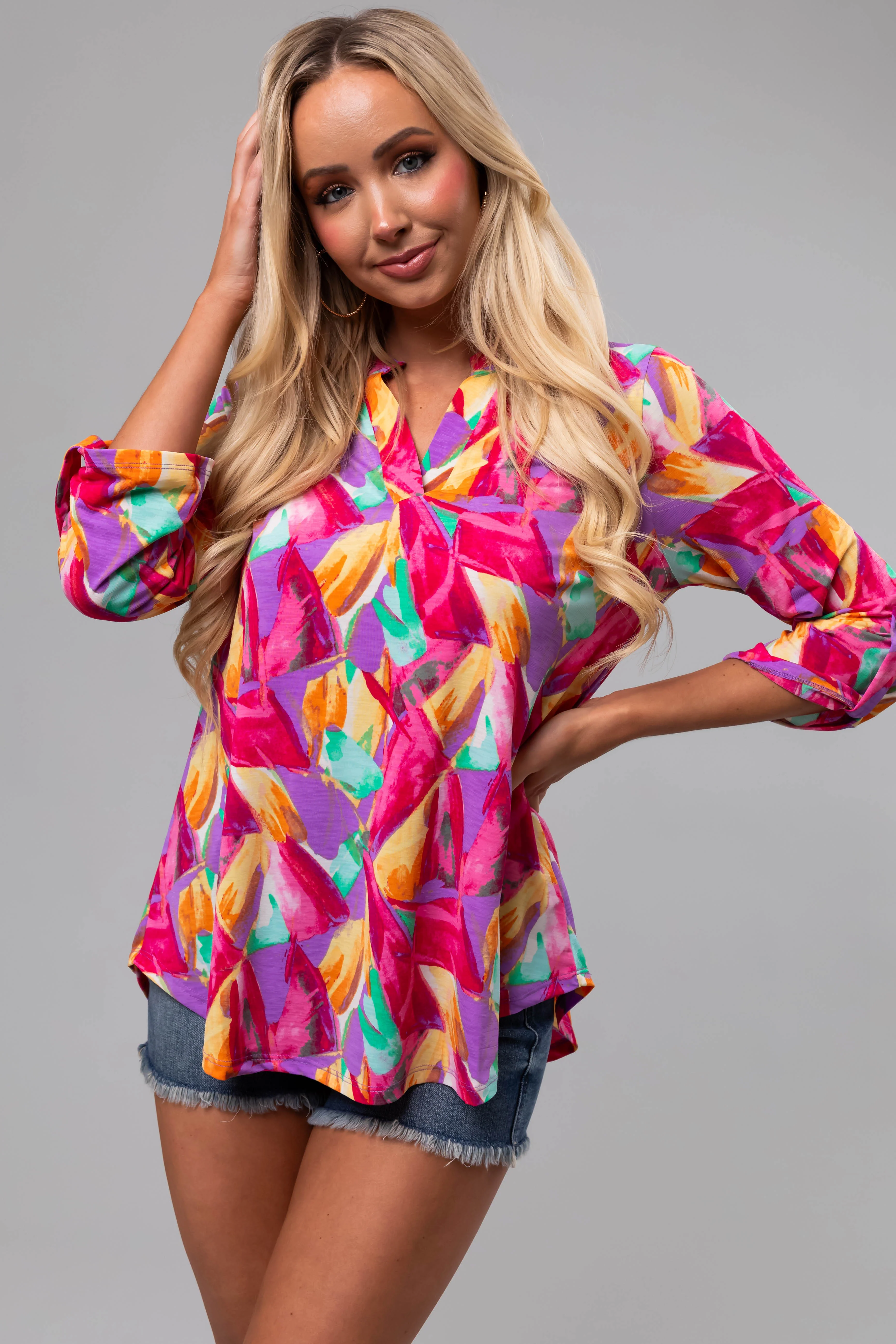 Multicolor Abstract Print 3/4 Sleeve Blouse - Image 7