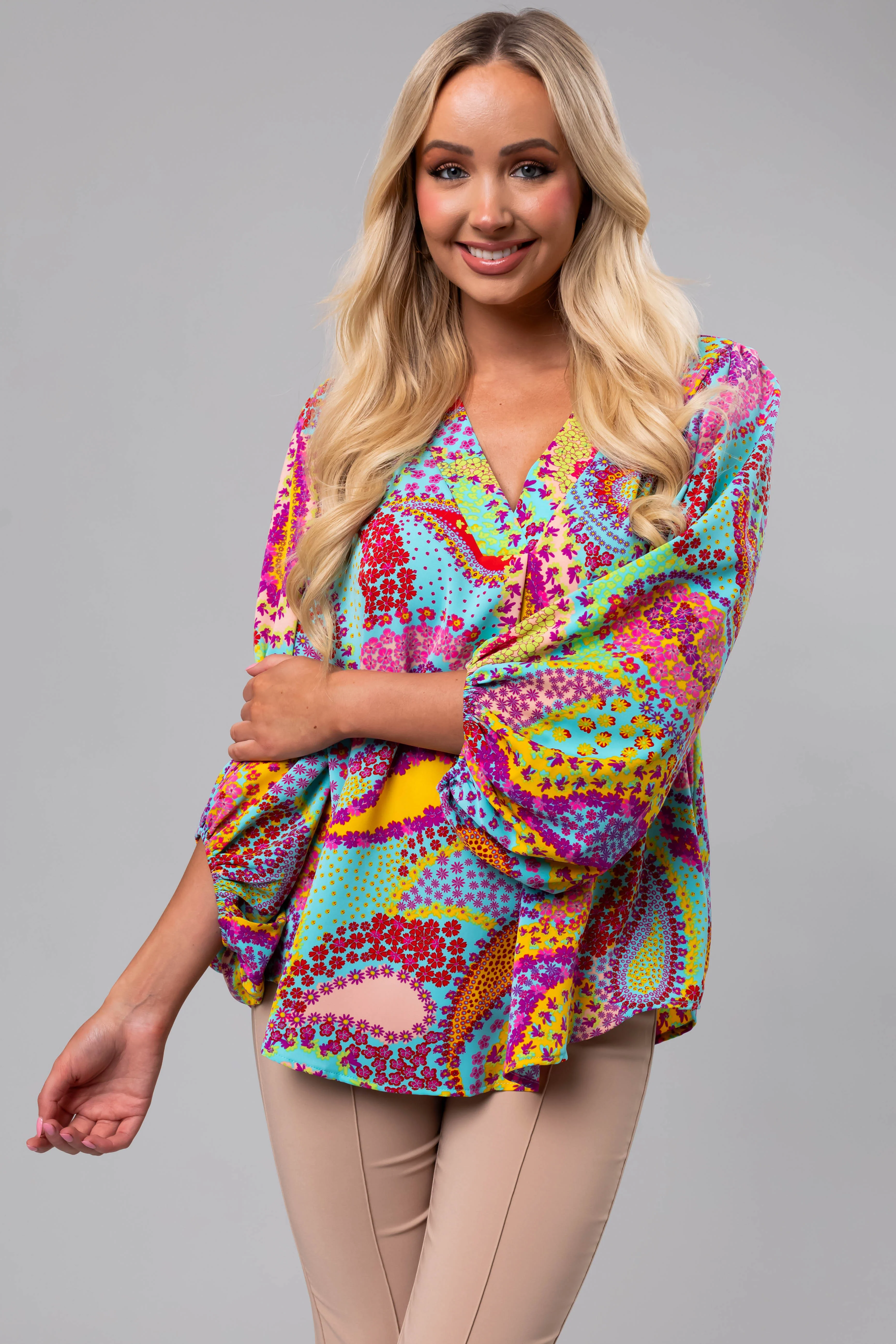 Multicolor Paisley Print Puff Sleeve Blouse - Image 3