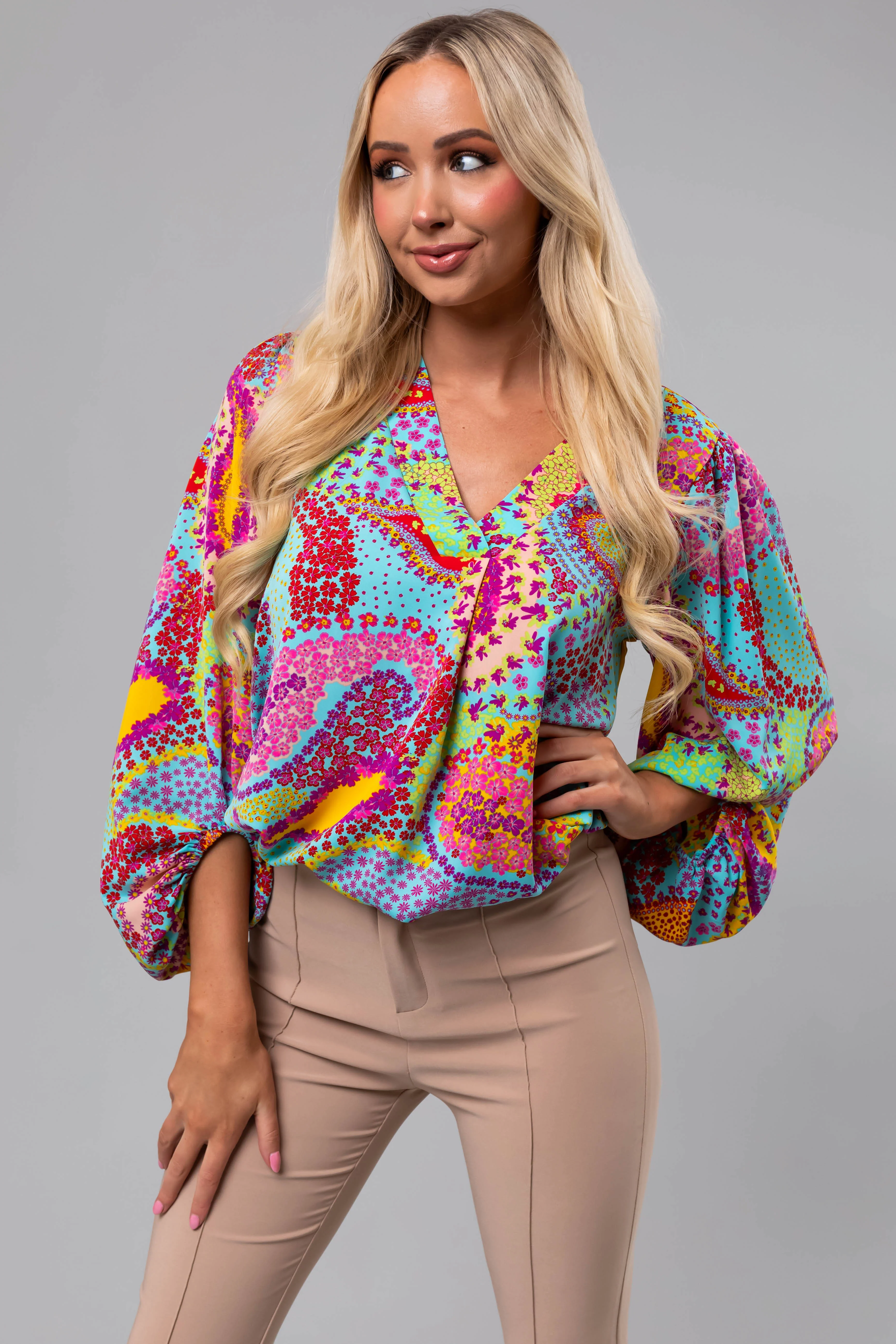 Multicolor Paisley Print Puff Sleeve Blouse - Image 5
